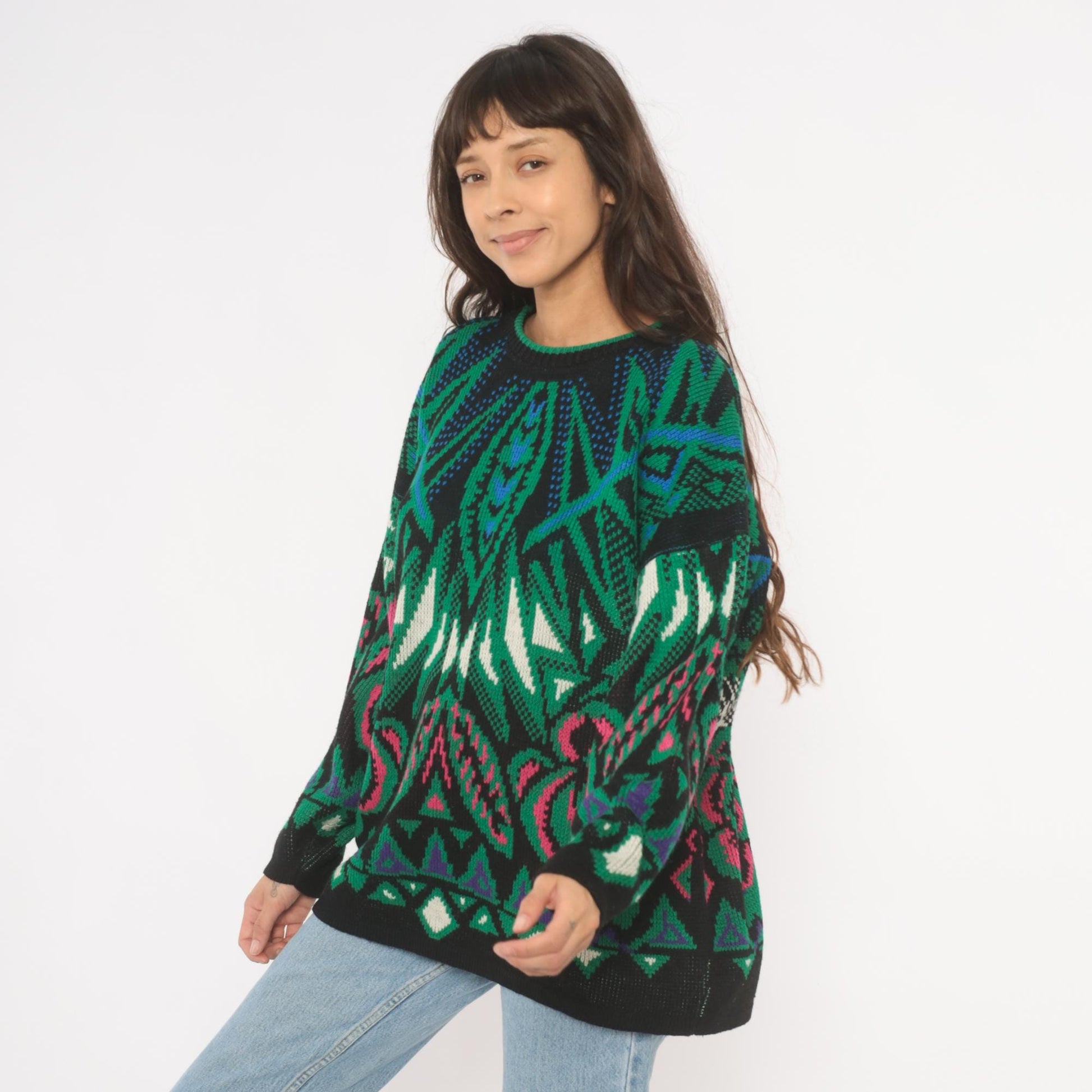 90s Venezia Geometric Jacquard Knit Sweater Green Pink Blue Crewneck XL