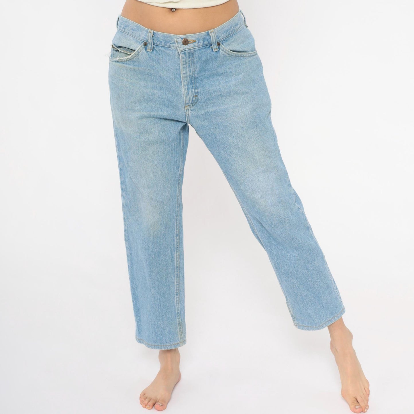 Y2K Light Wash Straight Leg Cropped Jeans Raw Hem Blue Cotton Large L