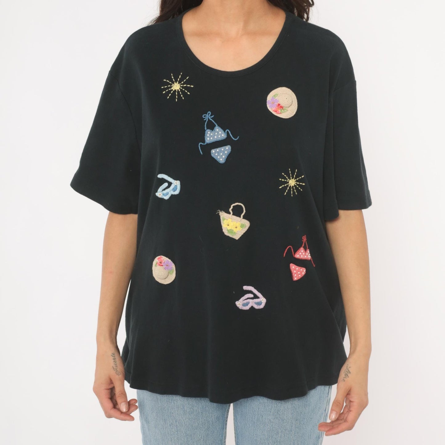90s Extra Point Black T Shirt Beach Embroidered Appliqué Bikini Sun Hat XL