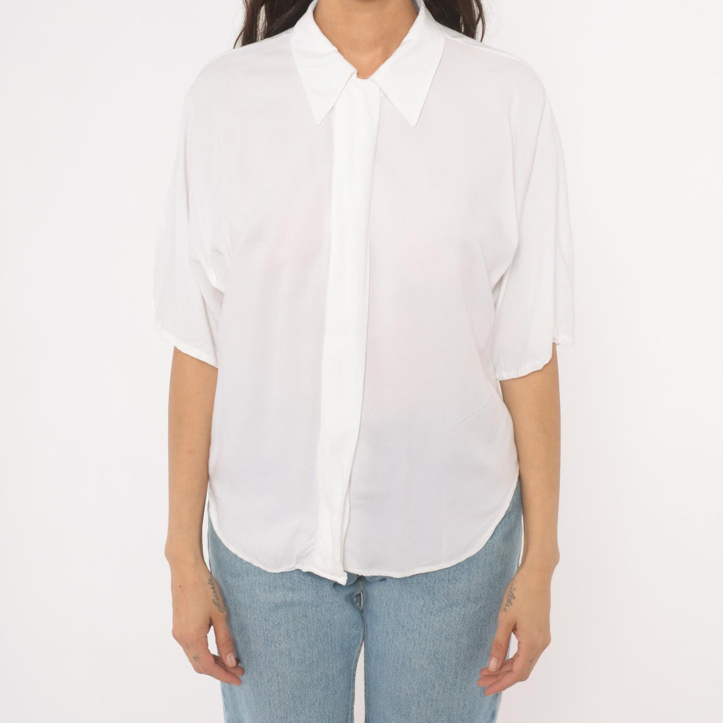 90s White Pointed Collar Blouse Hidden Placket Relaxed Fit Medium M