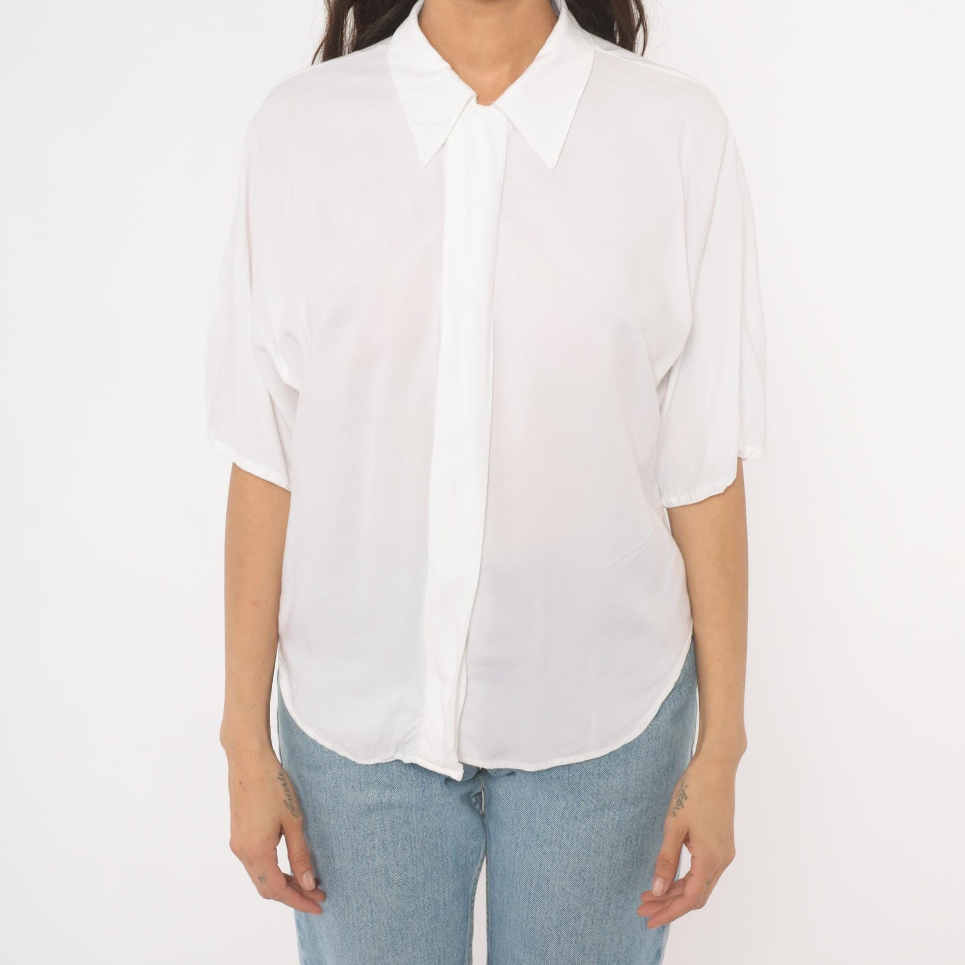 90s White Pointed Collar Blouse Hidden Placket Relaxed Fit Medium M
