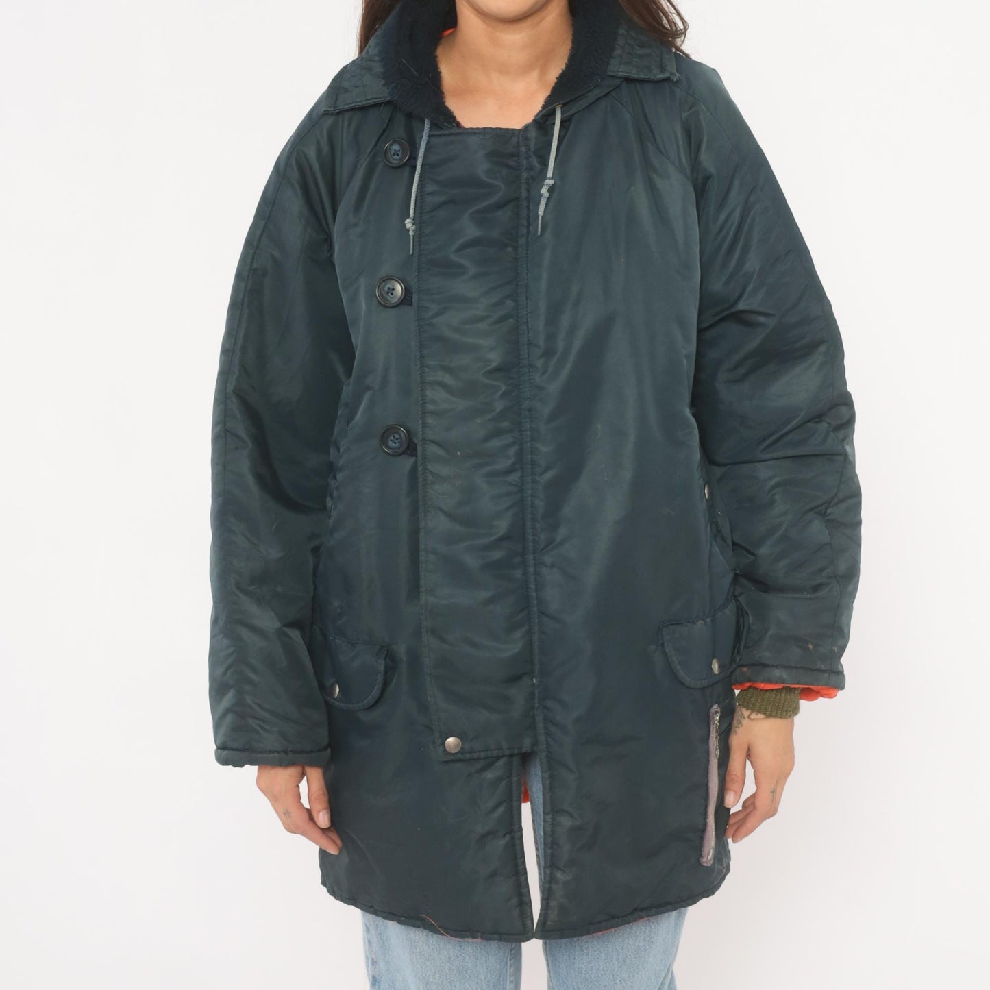80s La Mart Navy Puffer Parka Sherpa Collar Hooded Winter Coat Large