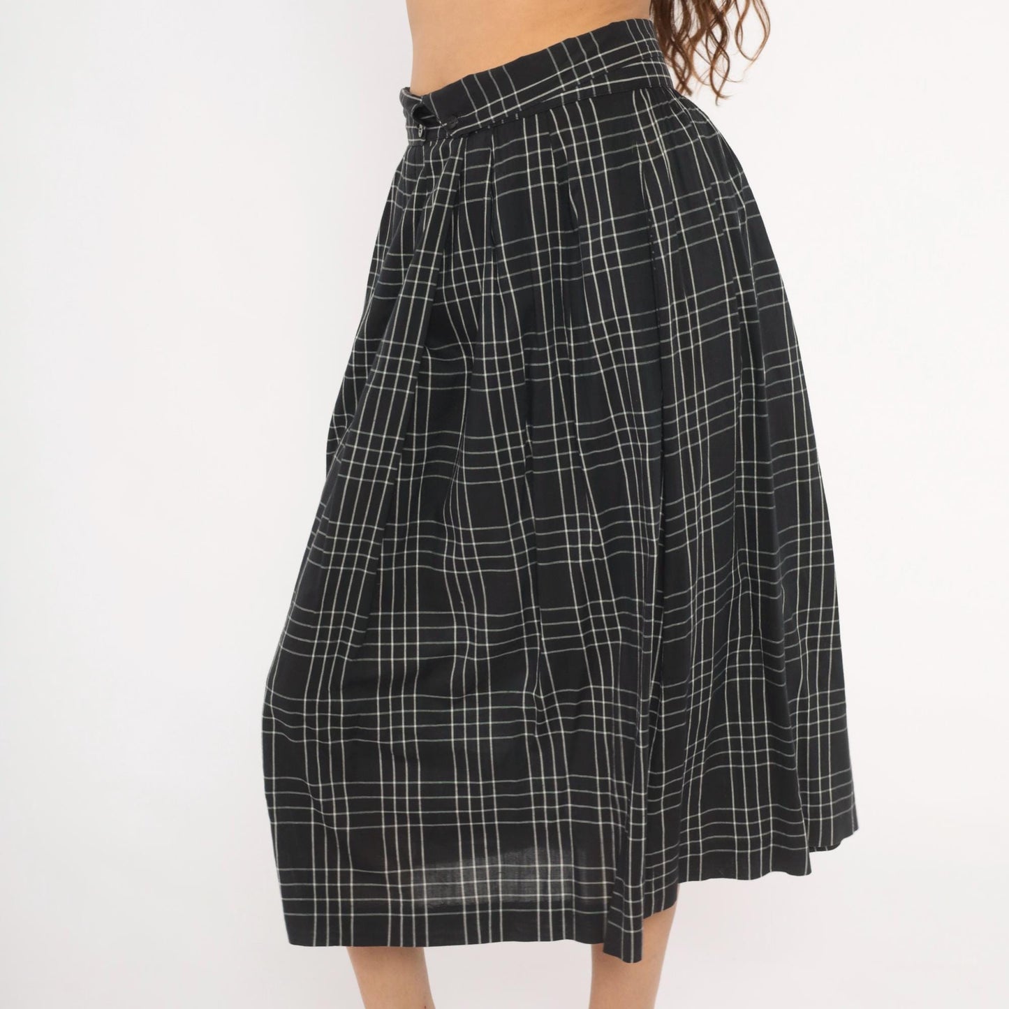 80s Heron Cove Casuals Windowpane Plaid Midi Skirt Black White Pleated Large L