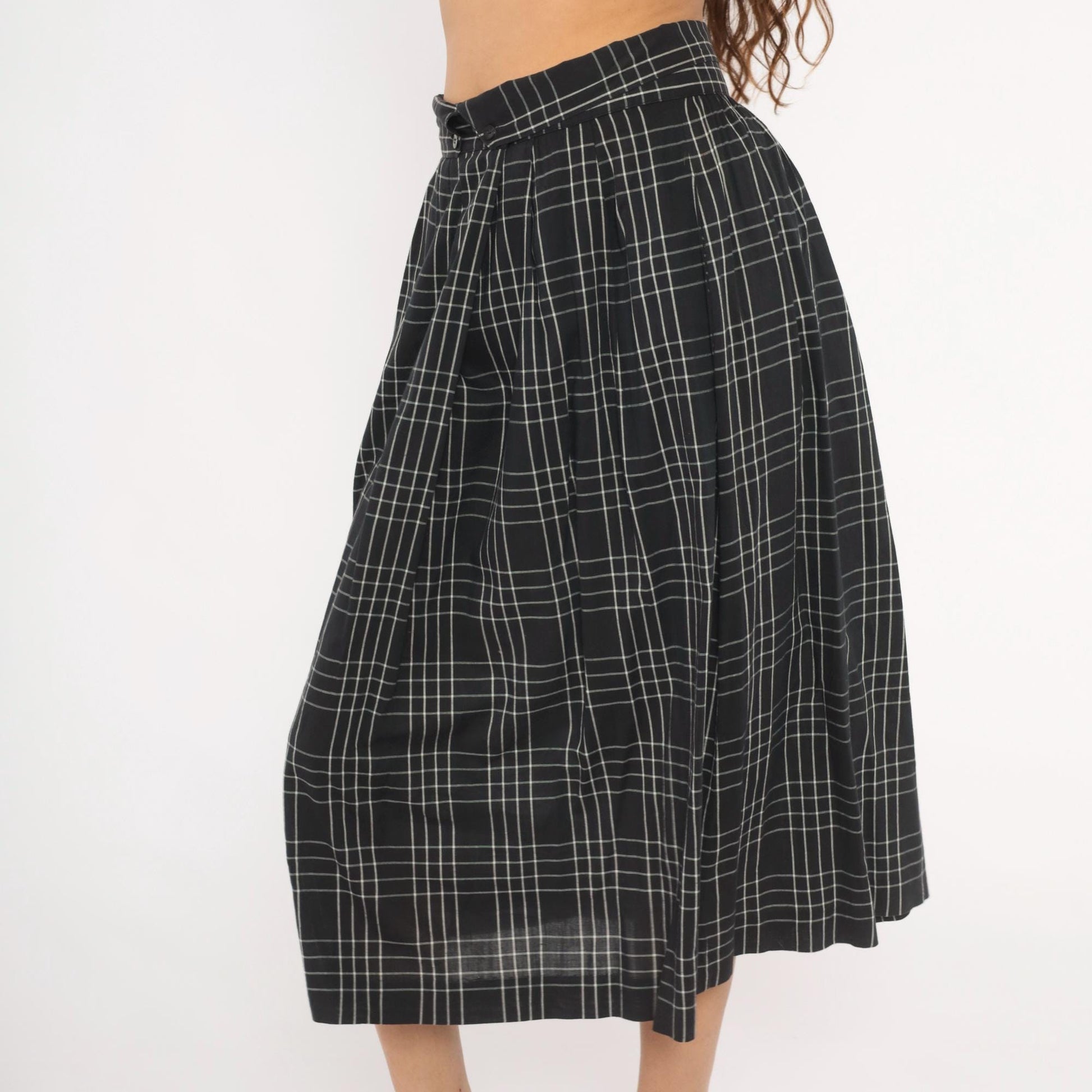 80s Heron Cove Casuals Windowpane Plaid Midi Skirt Black White Pleated Large L