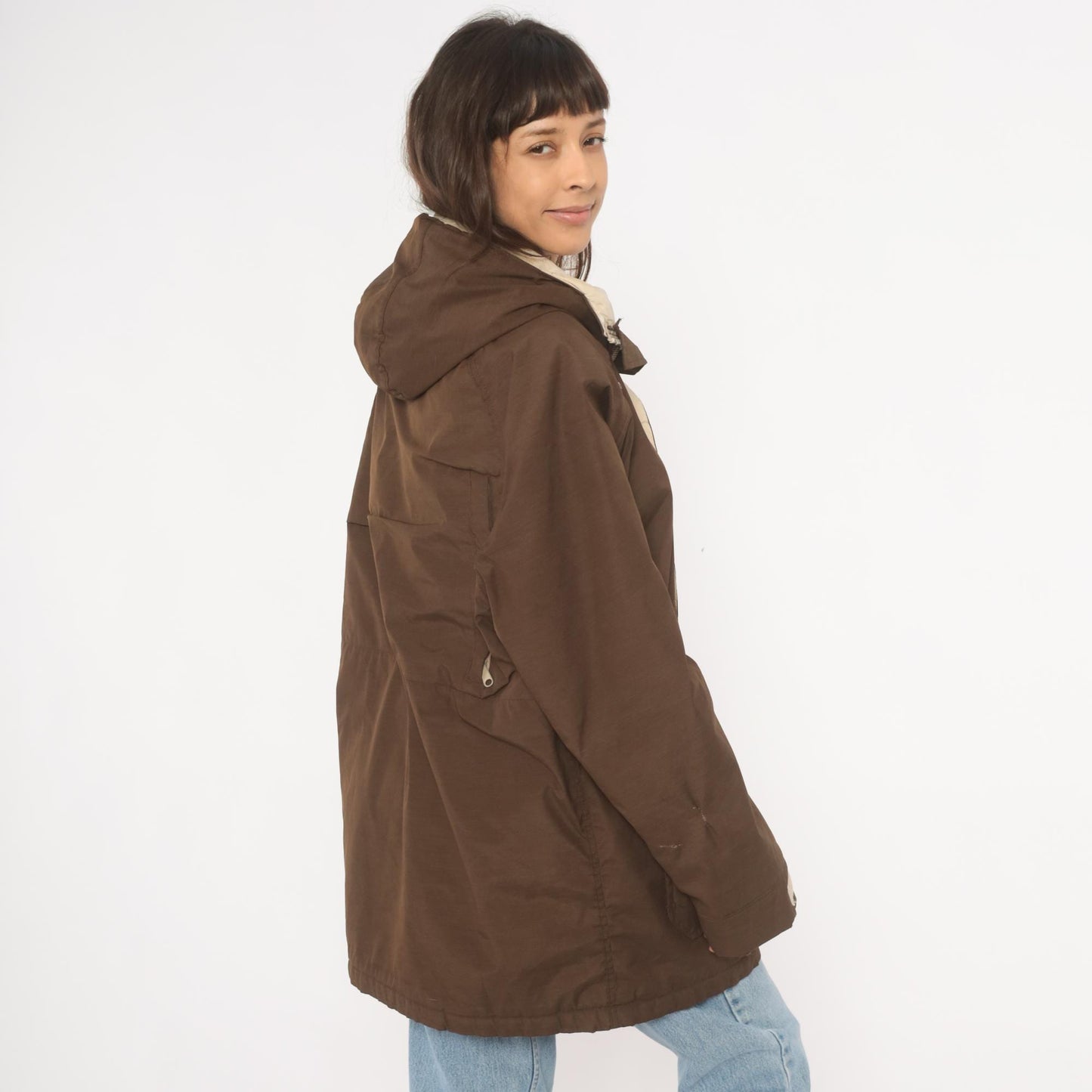80s Woolrich Brown Hooded Parka Cargo Pockets Tan Quilted Lining Large