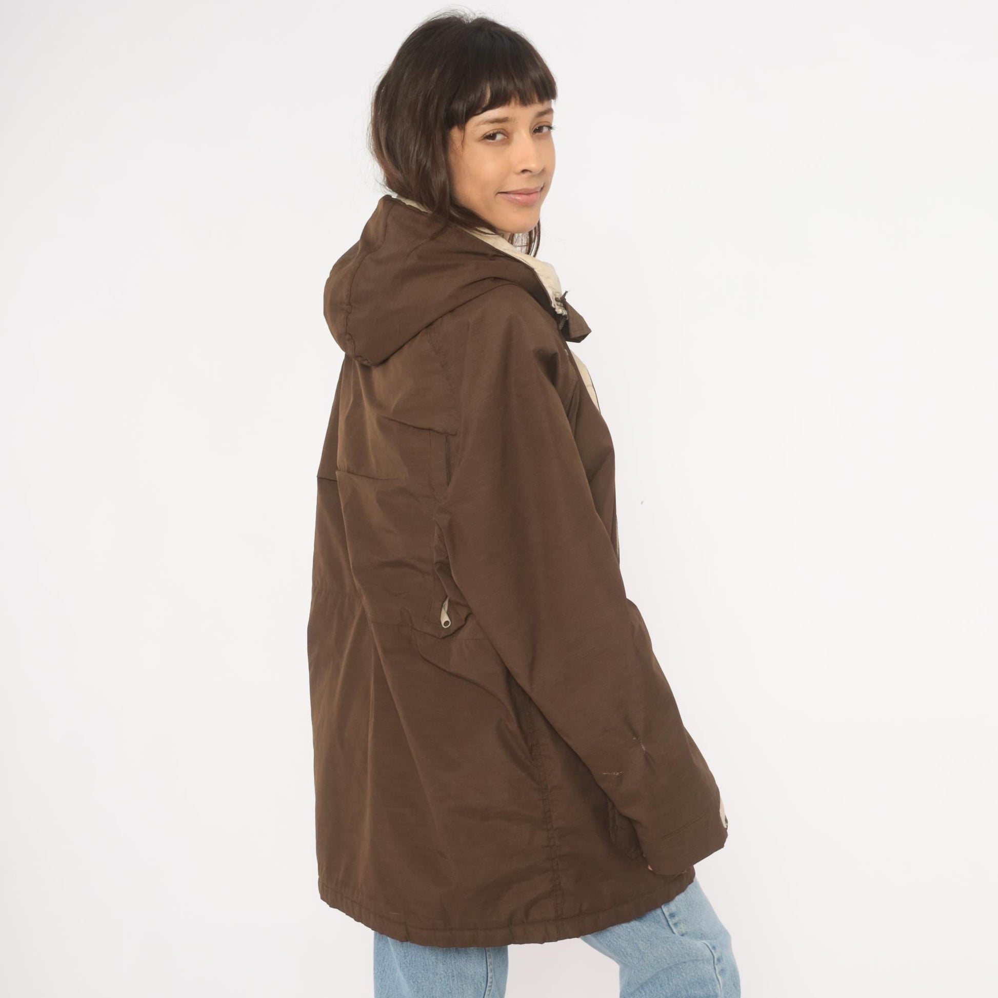 80s Woolrich Brown Hooded Parka Cargo Pockets Tan Quilted Lining Large