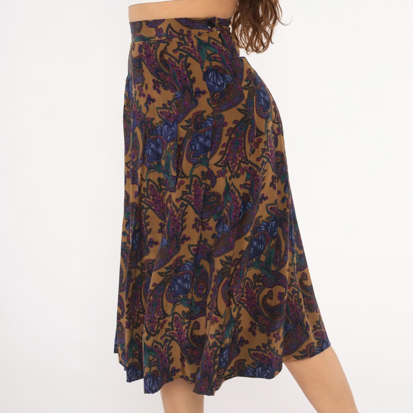 80s Saks Fifth Avenue Paisley Silk Skirt Knee-Length Pleated High Waist Small S