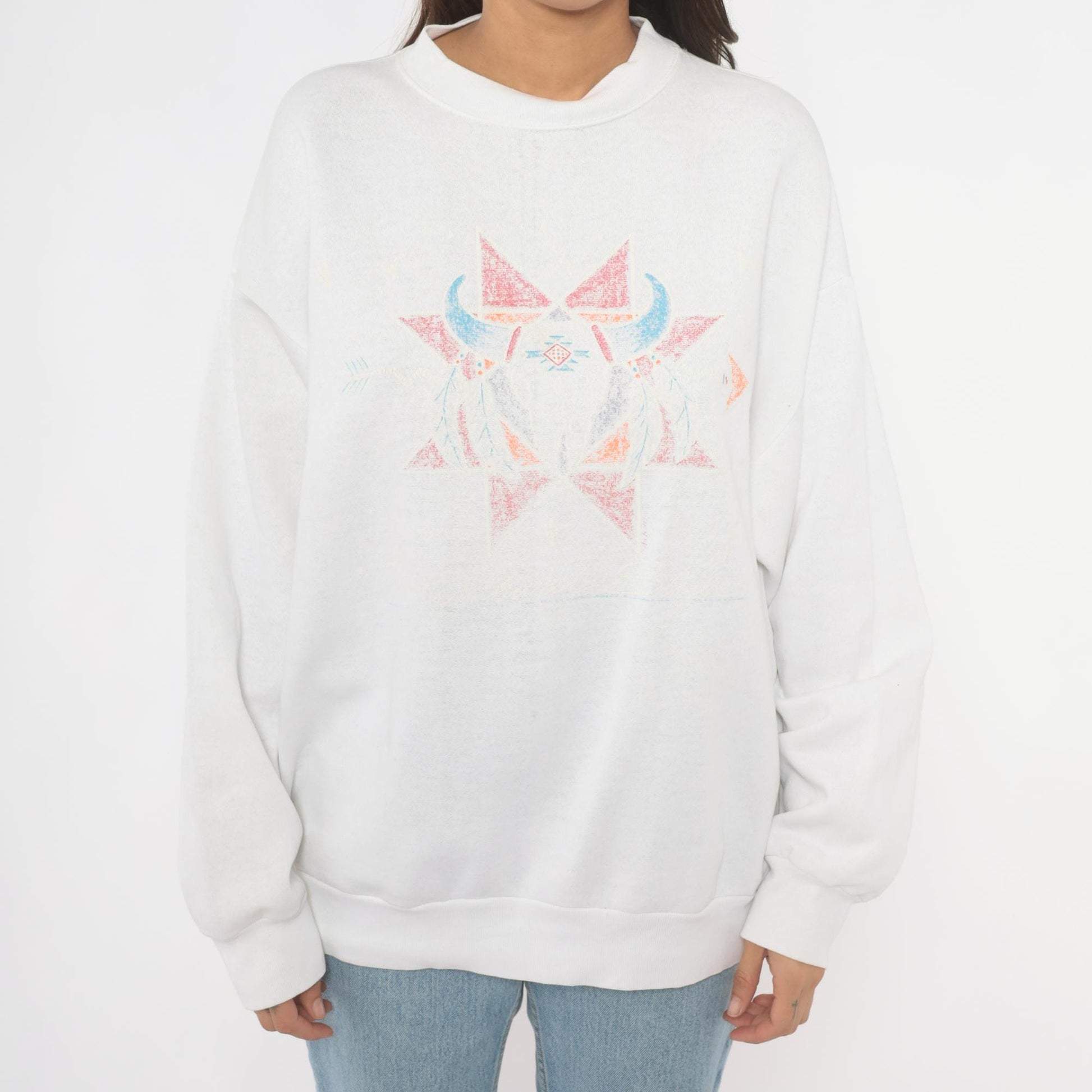 90s Tultex Southwestern Cow Skull Sweatshirt White Pastel Geometric Crewneck Extra Large XXL