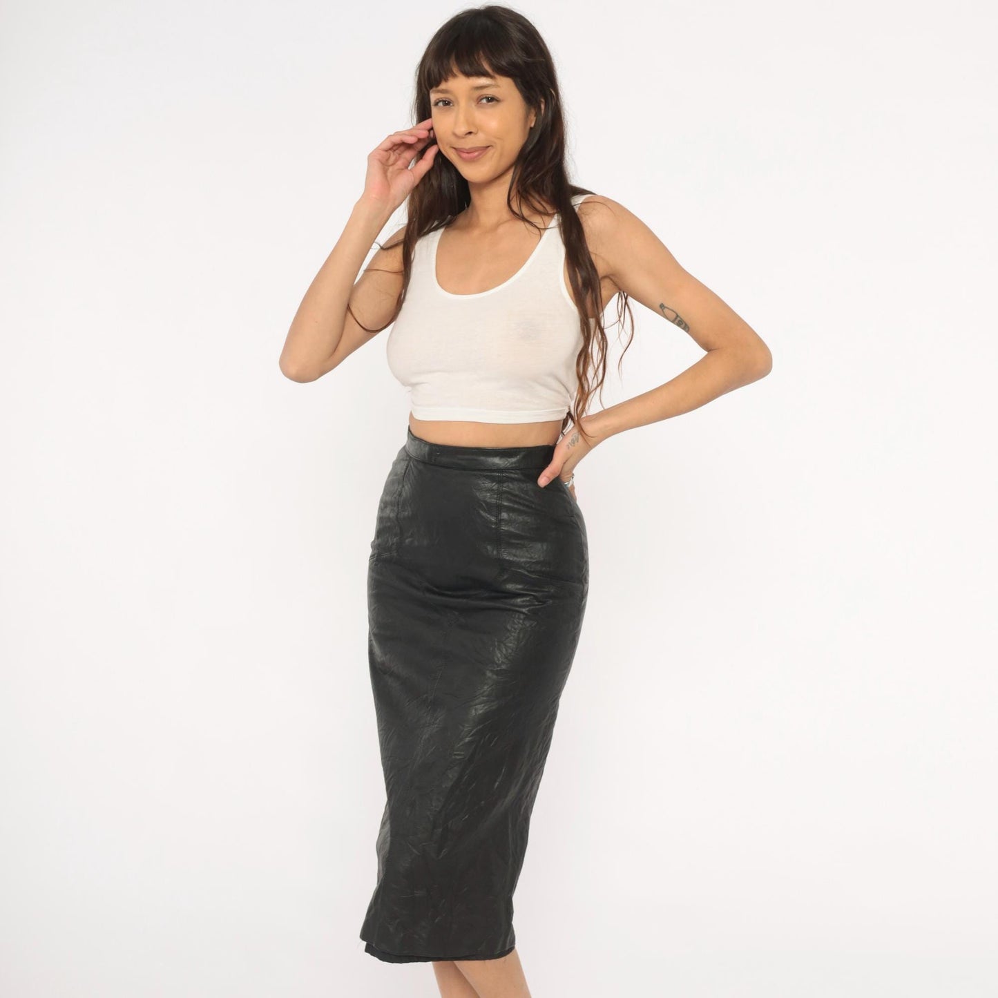 90s G 3 Leather Fashions Black Leather Pencil Skirt High Waist Midi XS