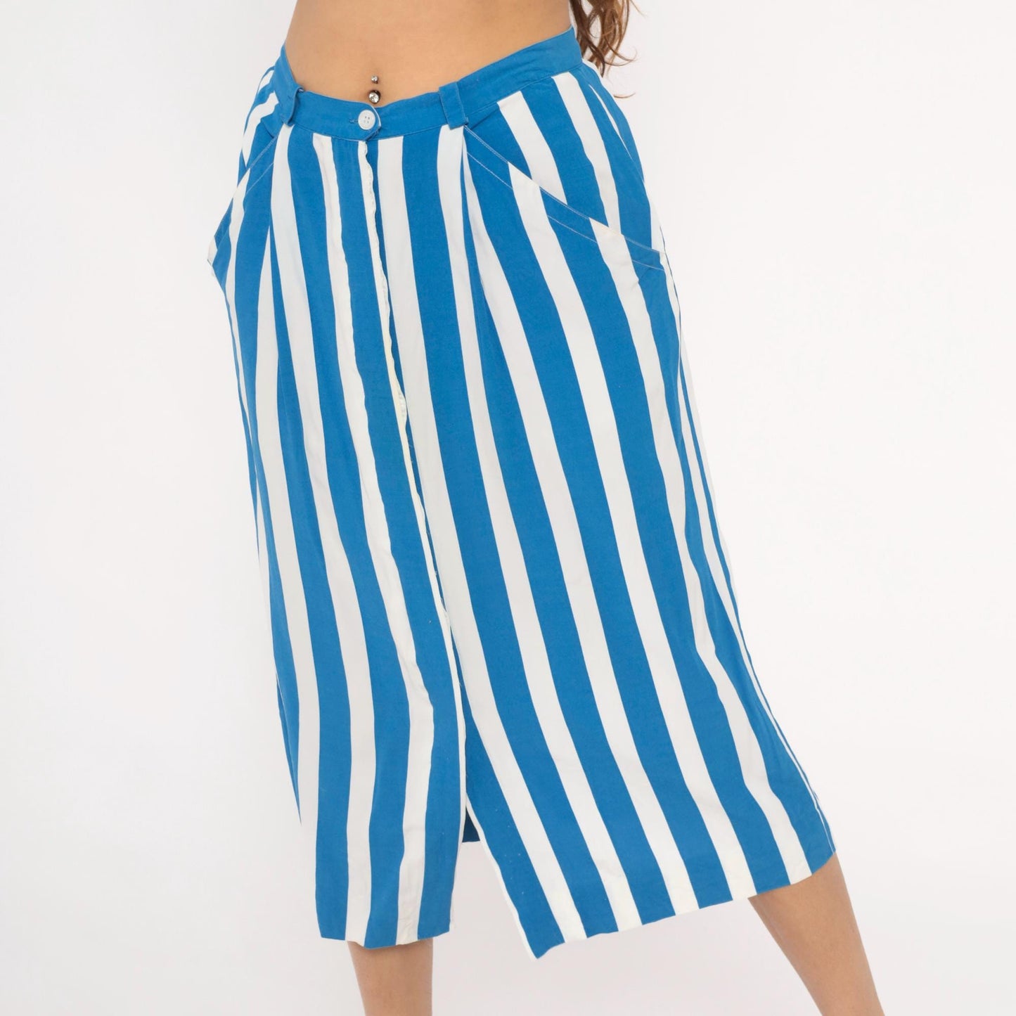90s Jones New York Blue White Striped Midi Skirt High Waist Pockets Medium M