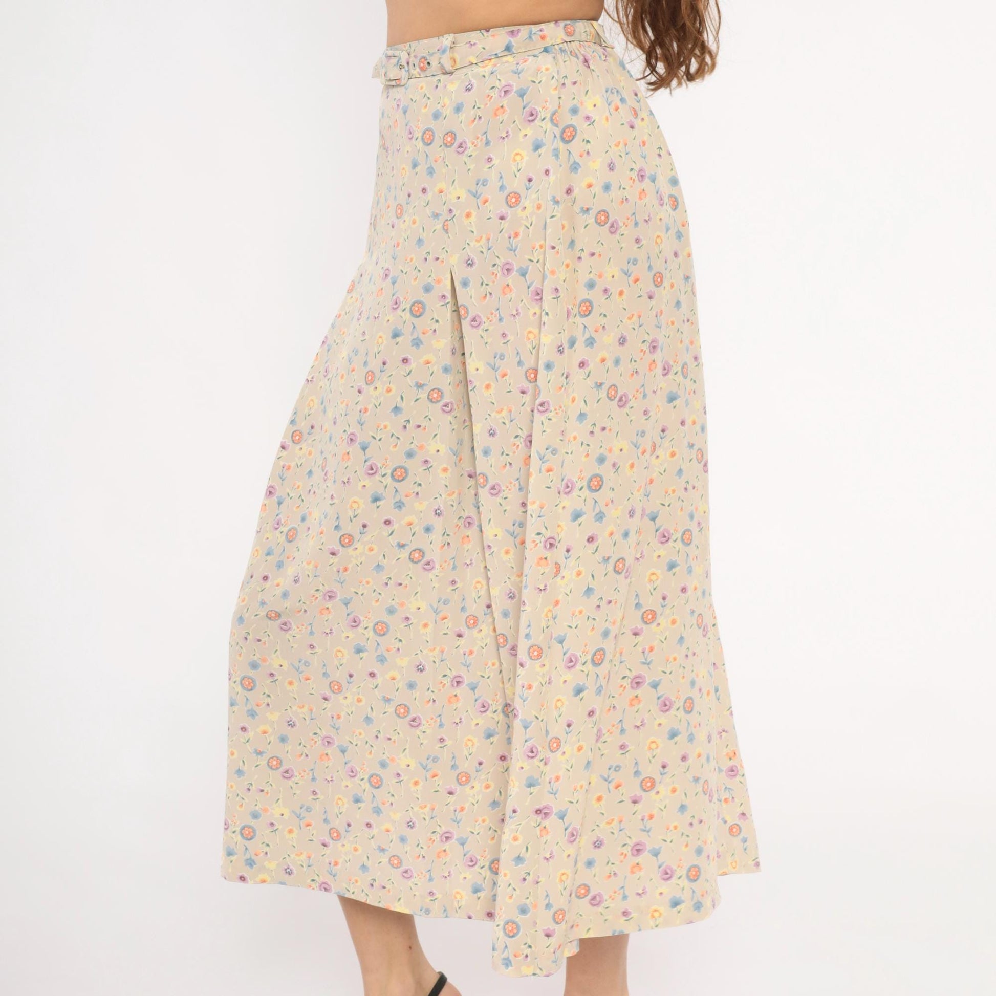 80s FT Studio Floral Midi Skirt Cream Pastel Ditsy Small Medium