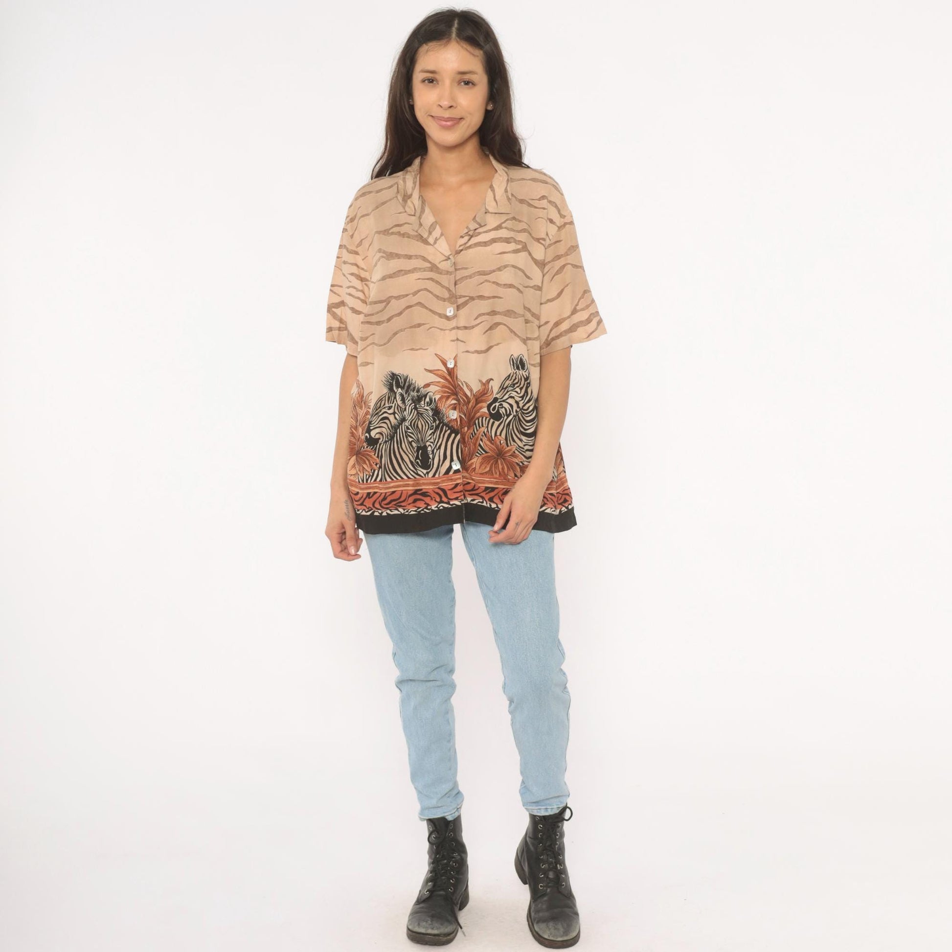 90s Teddi Zebra Safari Camp Collar Shirt Animal Print Tan Large L