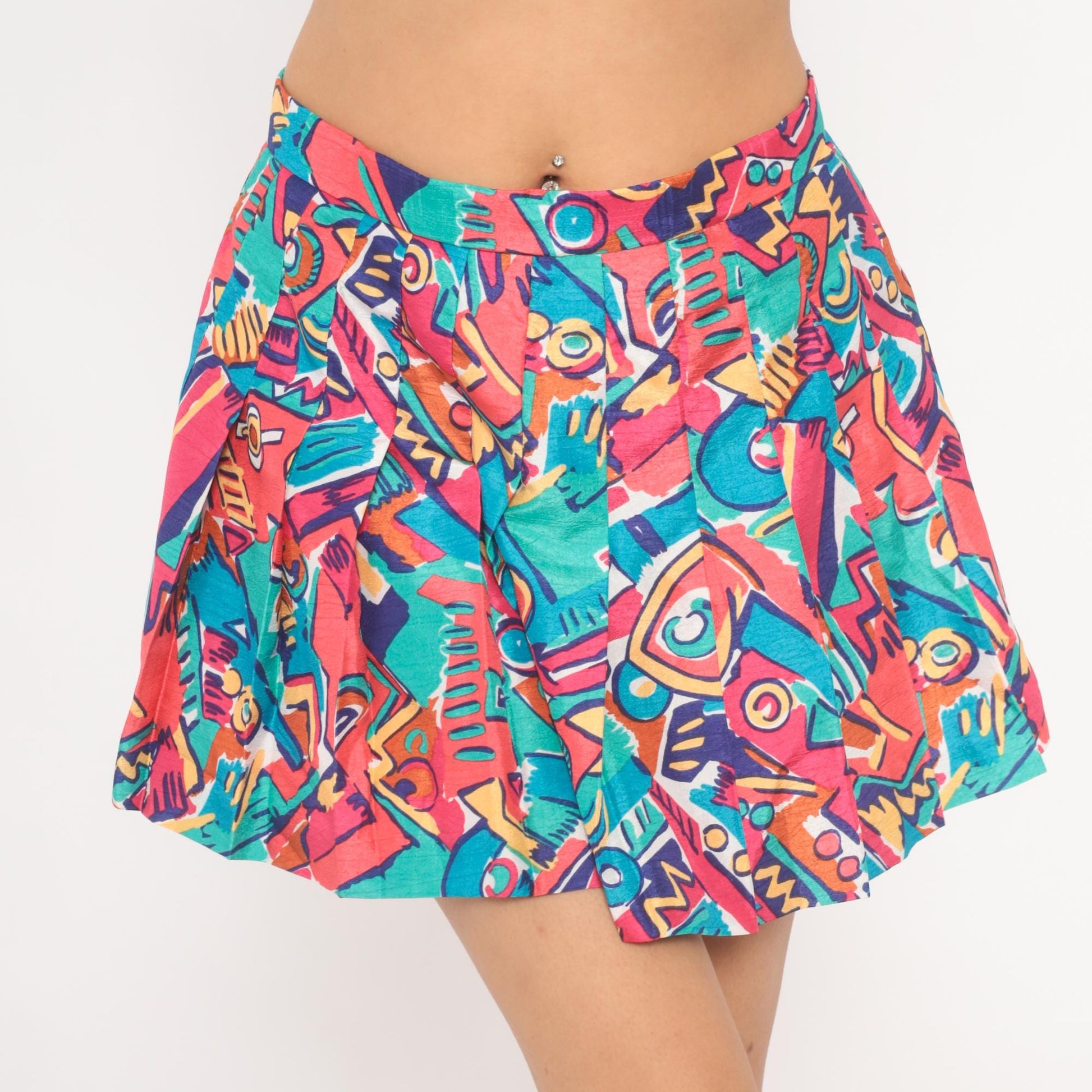 90s Lily's of Beverly Hills Pleated Mini Skirt Abstract Geometric Print Pink Teal Medium