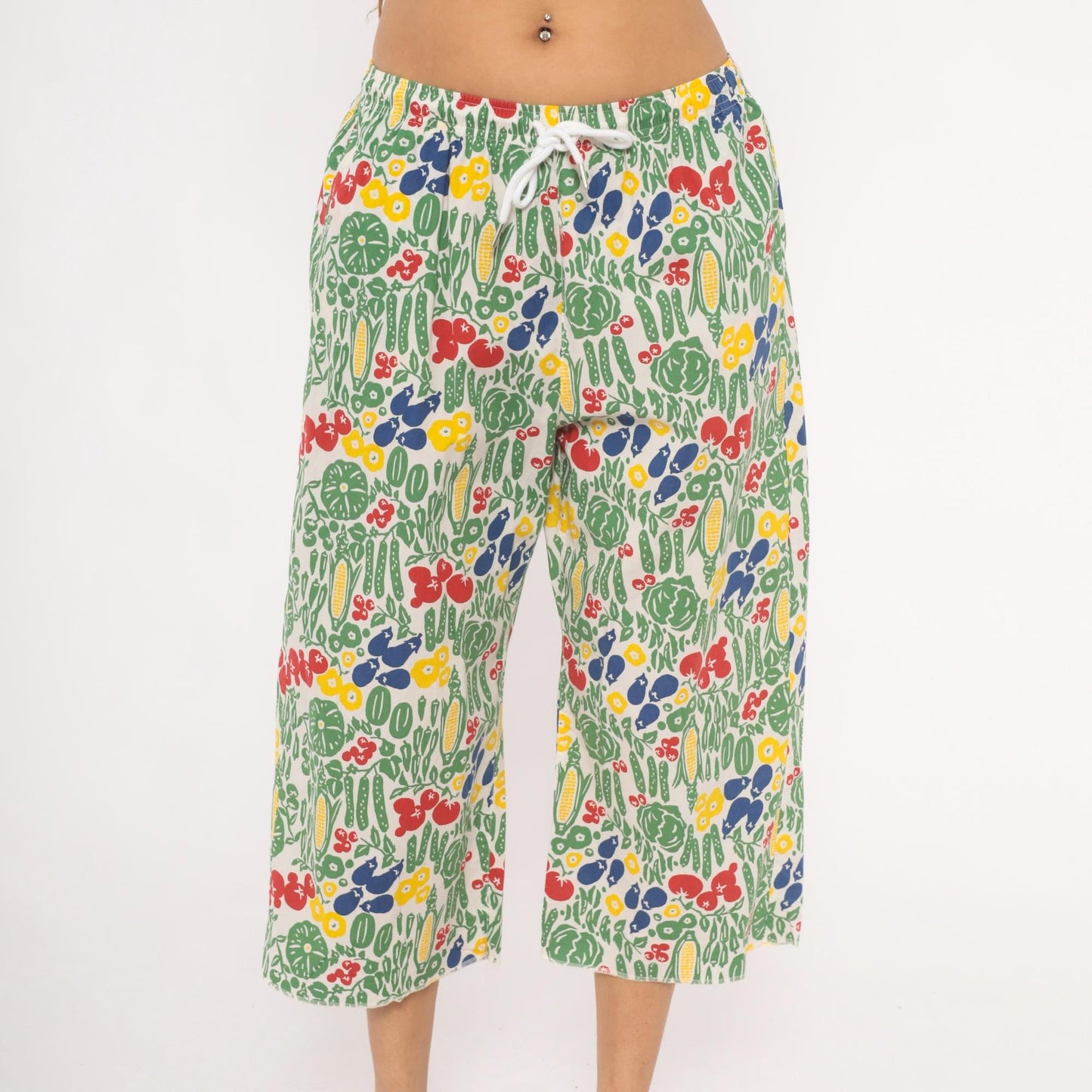 90s Vegetable Garden Print Culottes White Wide Leg Capri Cotton Medium M