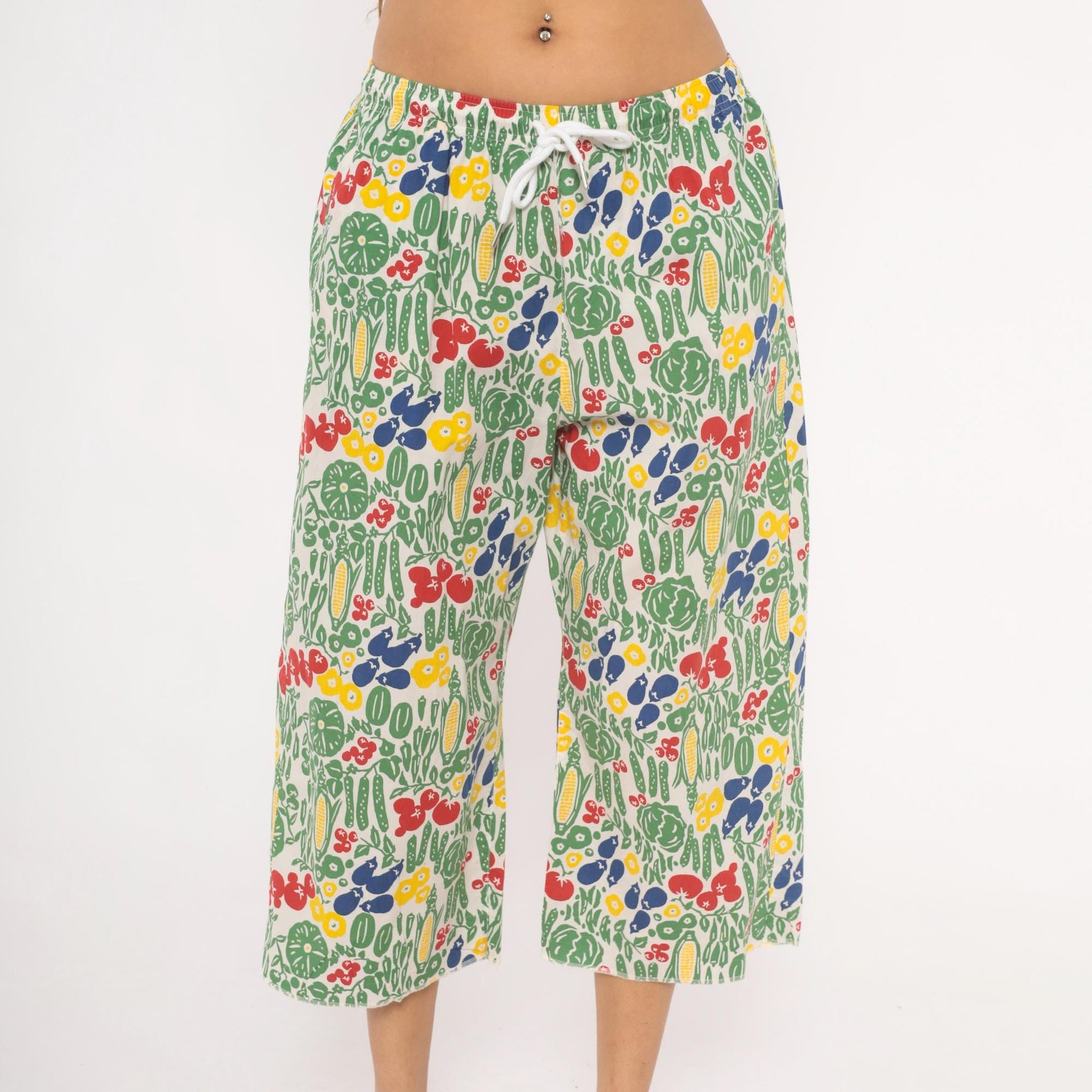 90s Vegetable Garden Print Culottes White Wide Leg Capri Cotton Medium M