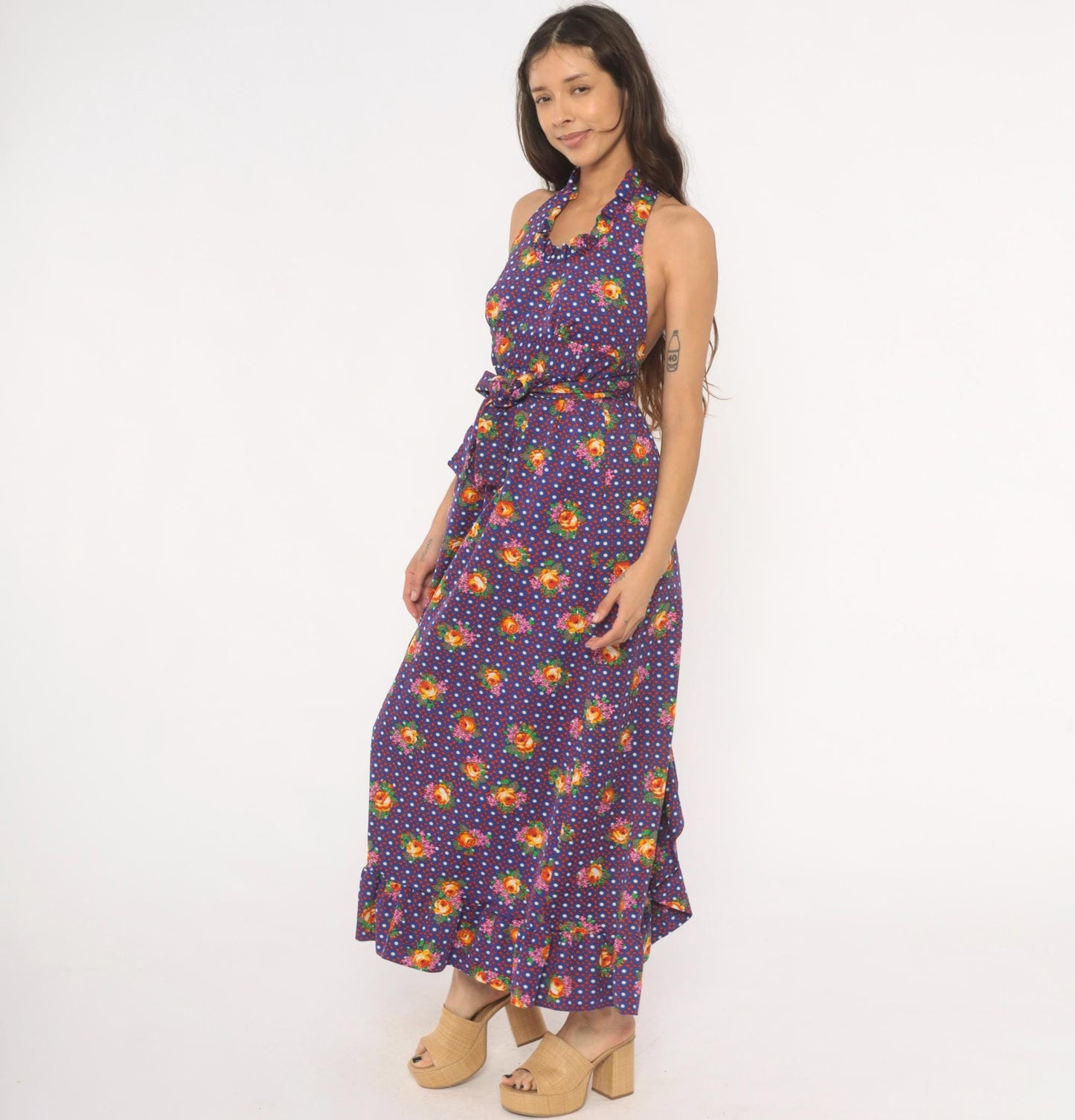 70s Floral Halter Dress Purple Polka Dot Tie Waist Open Back XS