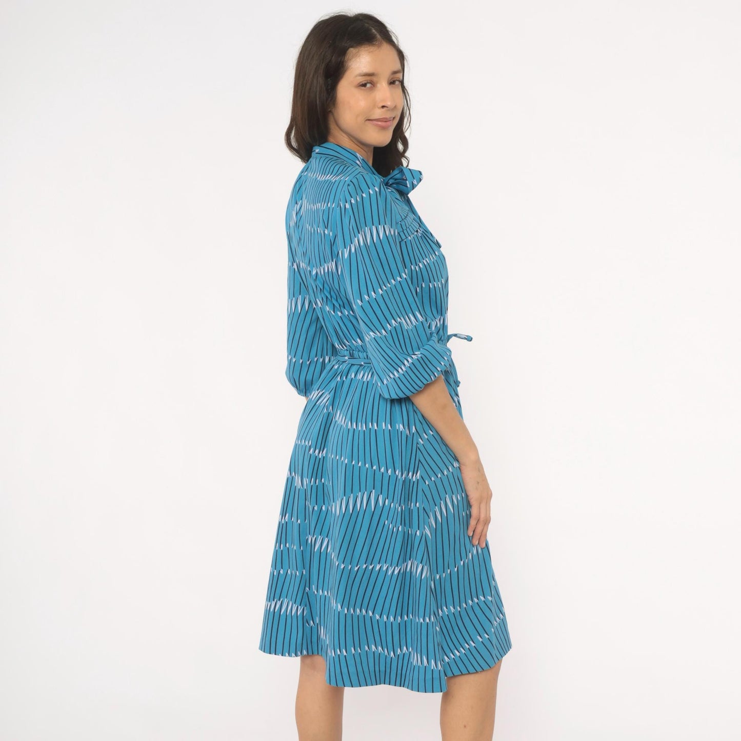 70s Teal Geometric Stripe Bow Neck Dress Puff Sleeve Belted Knee Length Large L