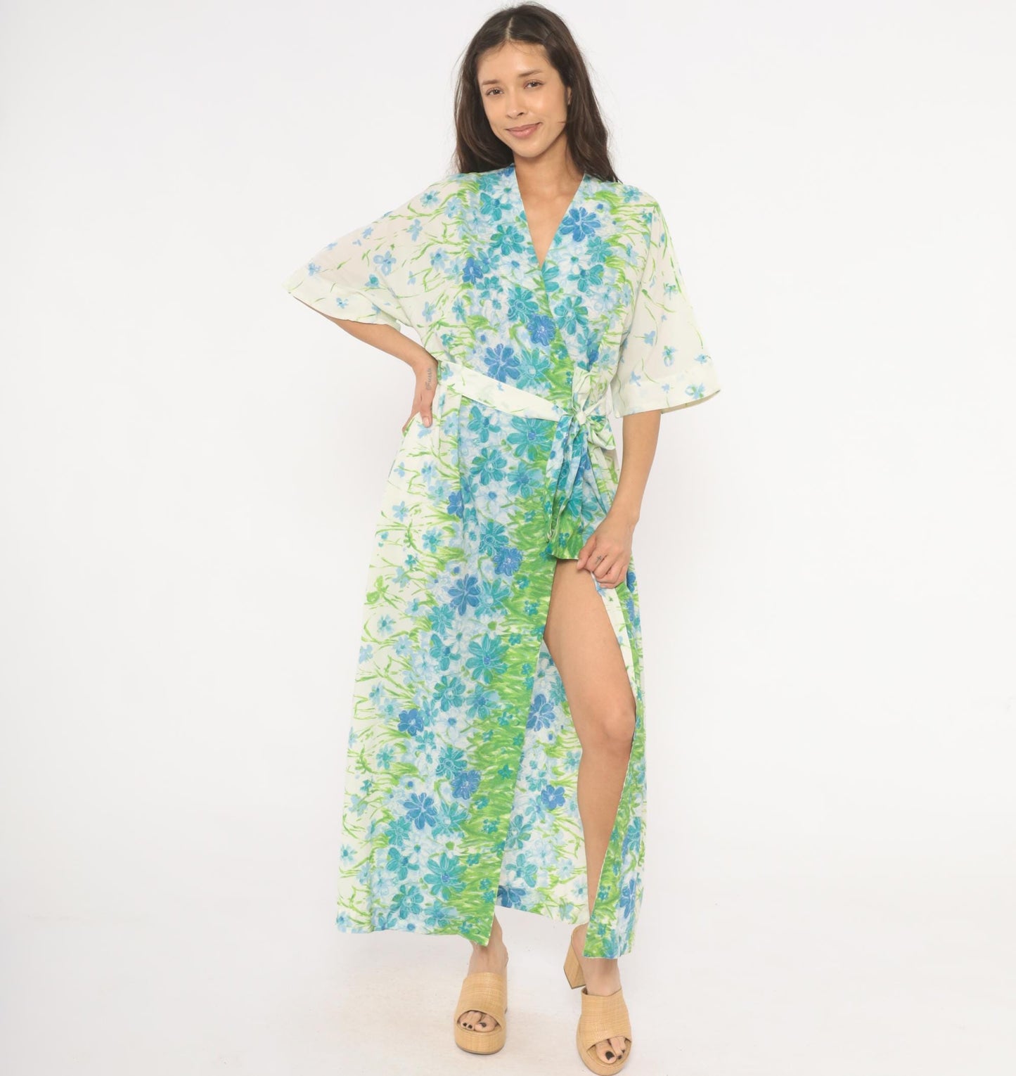 70s Floral Kimono Robe Maxi Wrap Dress Watercolor Print Blue Green Medium