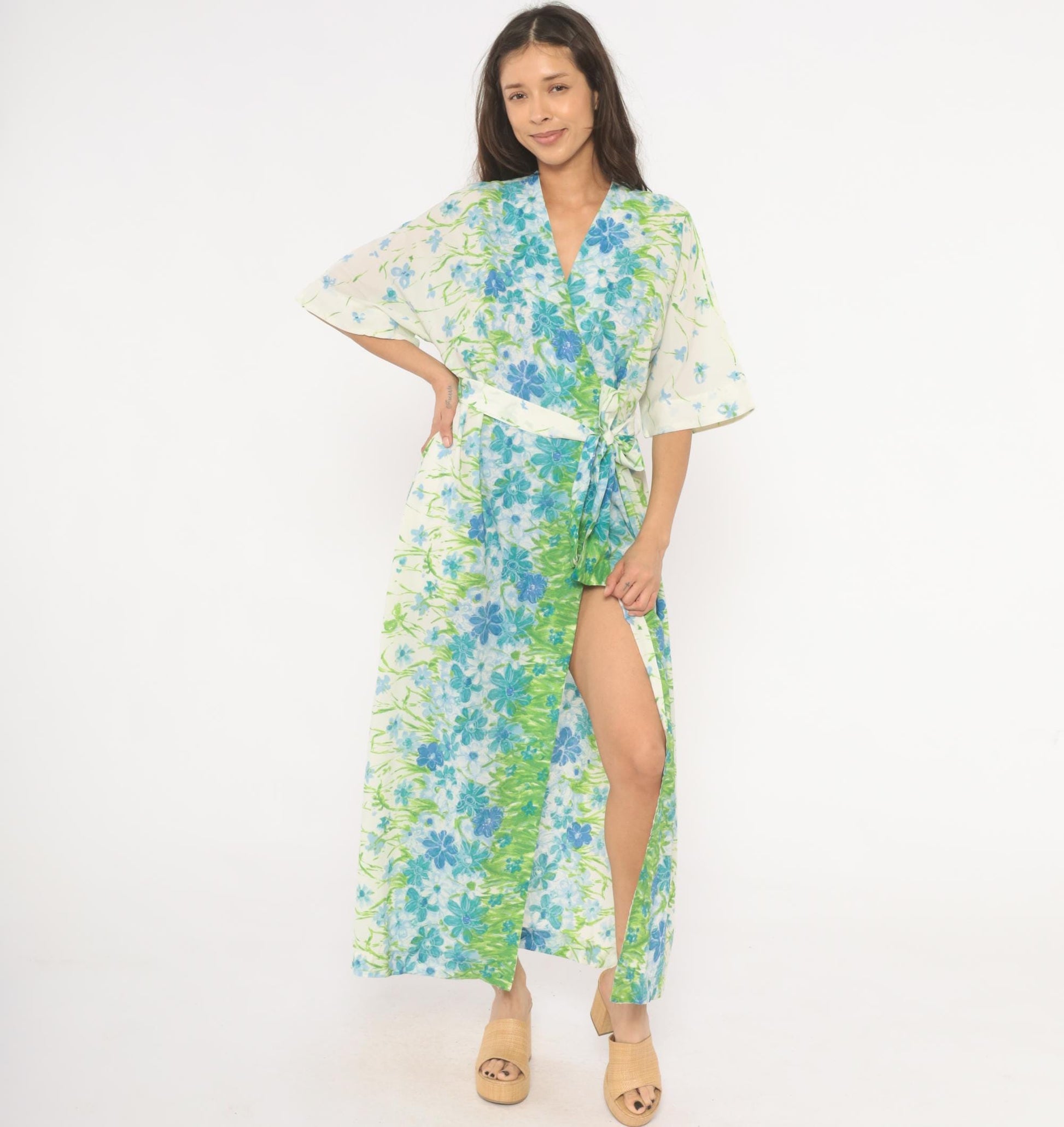 70s Floral Kimono Robe Maxi Wrap Dress Watercolor Print Blue Green Medium