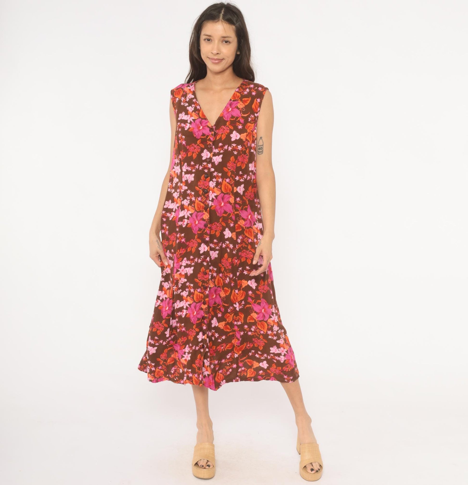 Y2K Roaman's Tropical Floral Midi Dress Brown Pink Orange Button Front Plus Size 14W