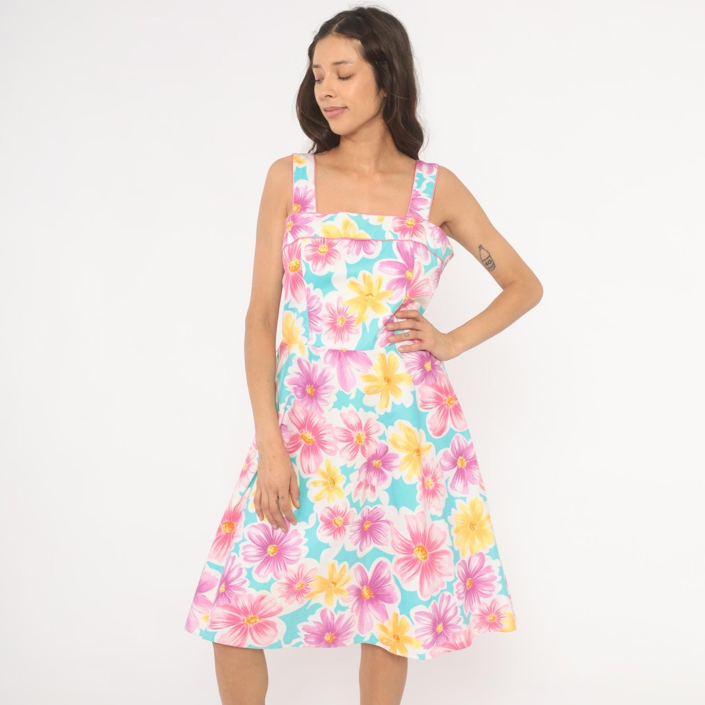 90s Scarlett Floral Sundress Square Neck Daisy Print Sky Blue Medium M