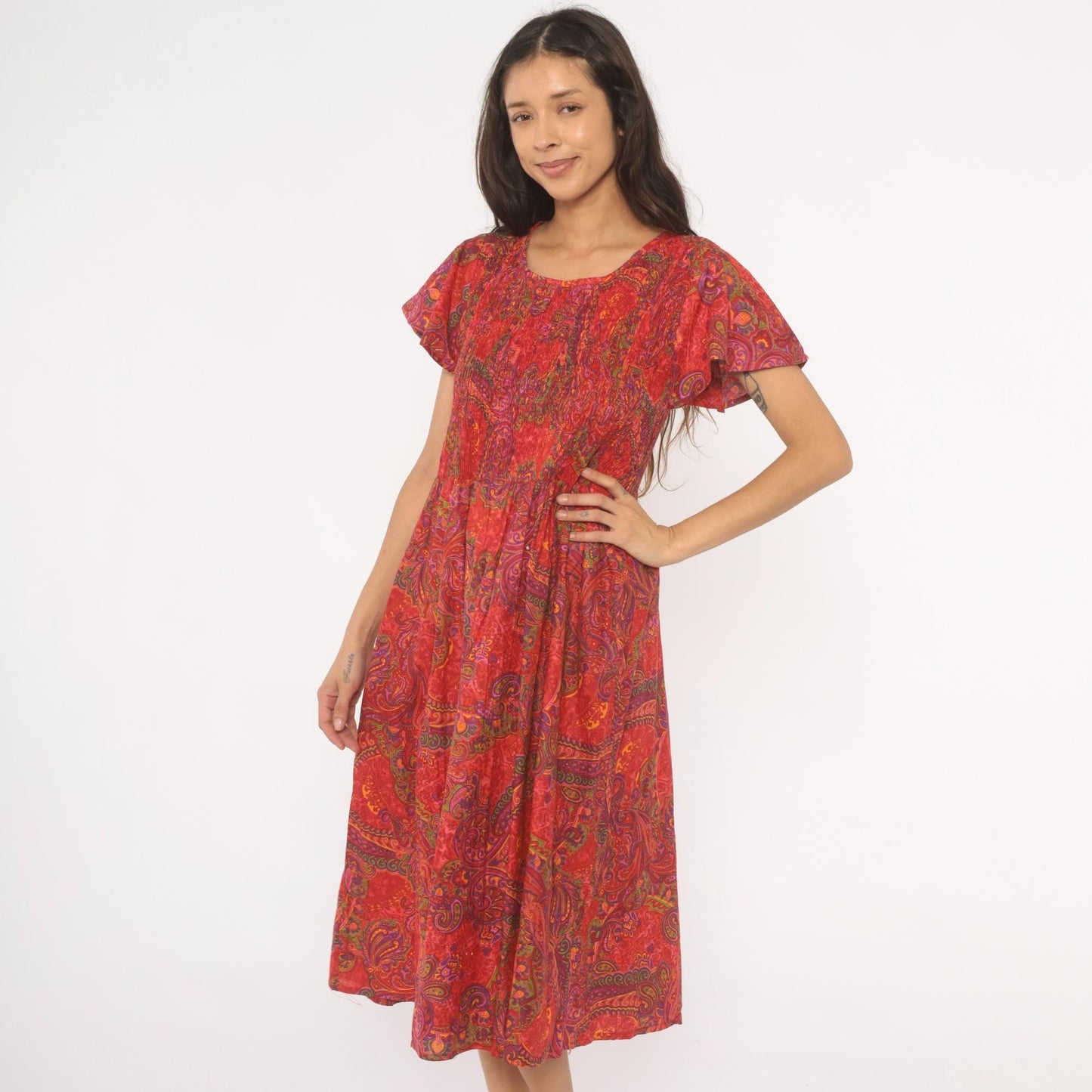 70s Metropolitan Paisley Smocked Midi Dress Red Flutter Sleeve Cotton Large L