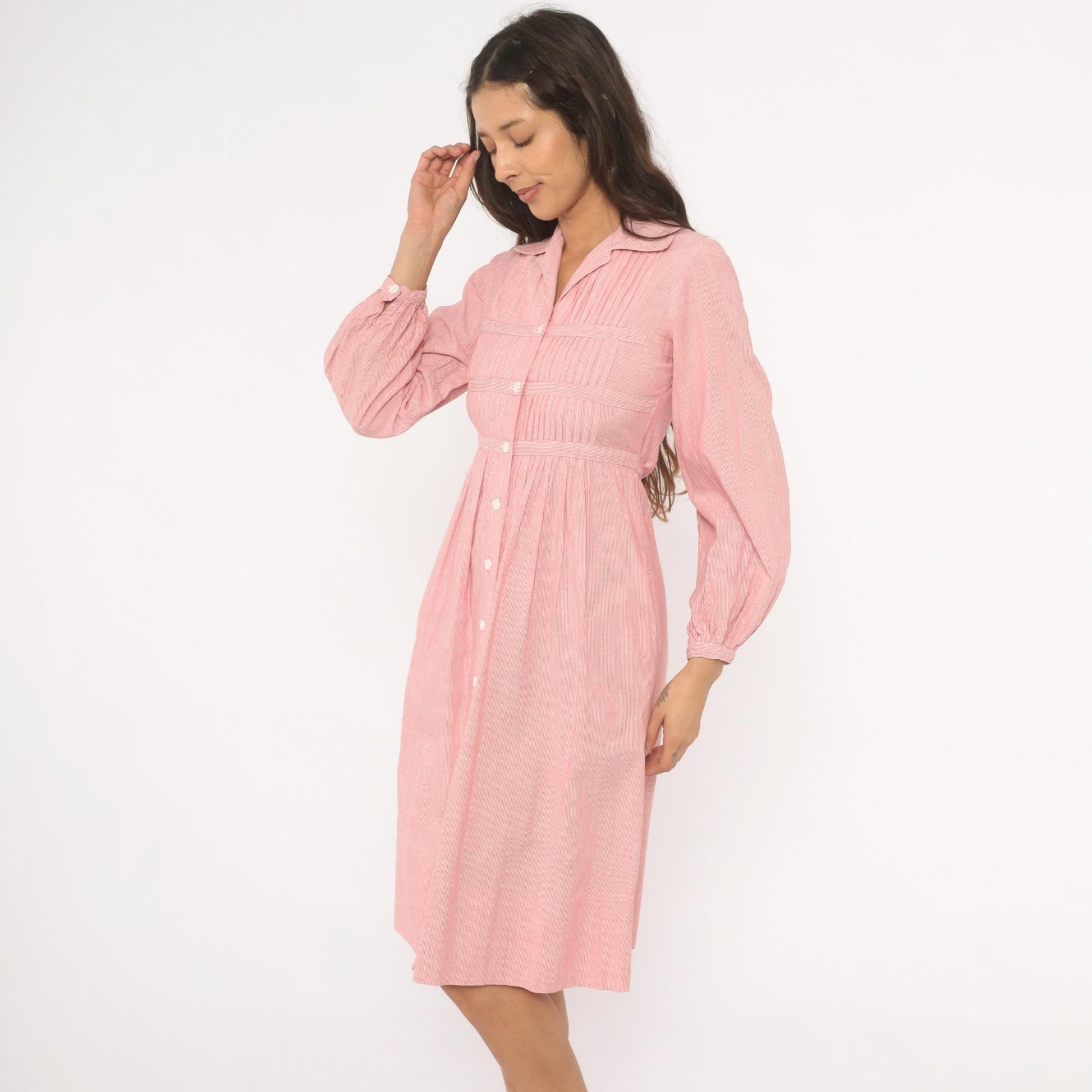 80s Nipon Boutique Pinstripe Shirtdress Pink Button Front Puff Sleeve XS