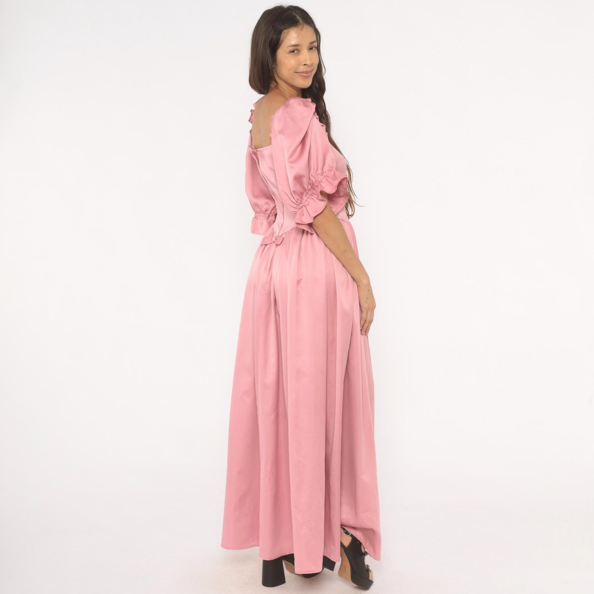 80s Rose Pink Maxi Gown Sweetheart Neckline Puff Sleeve Ruffle Trim Medium M