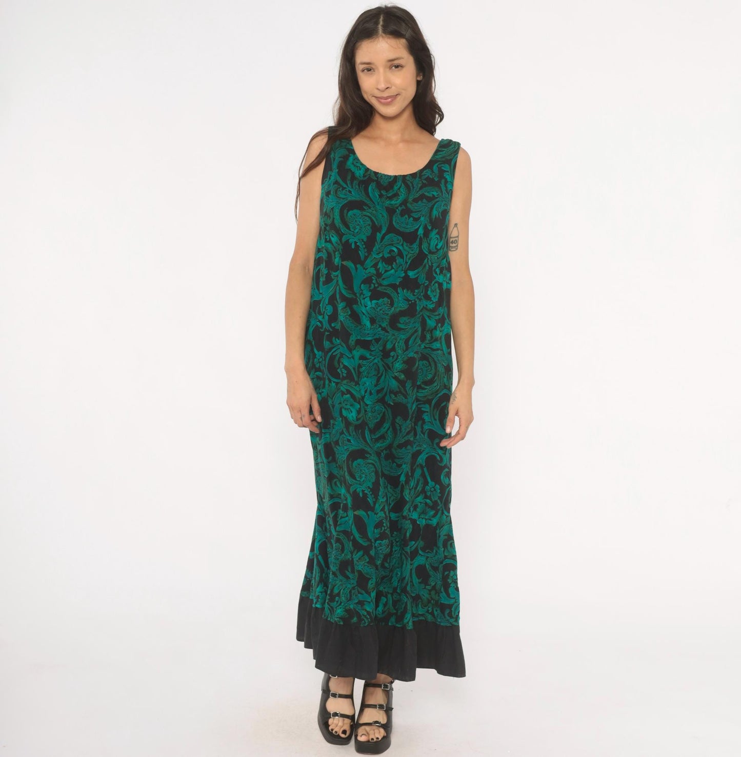 90s R & K Originals Teal Baroque Maxi Dress Emerald Floral Mermaid Large L