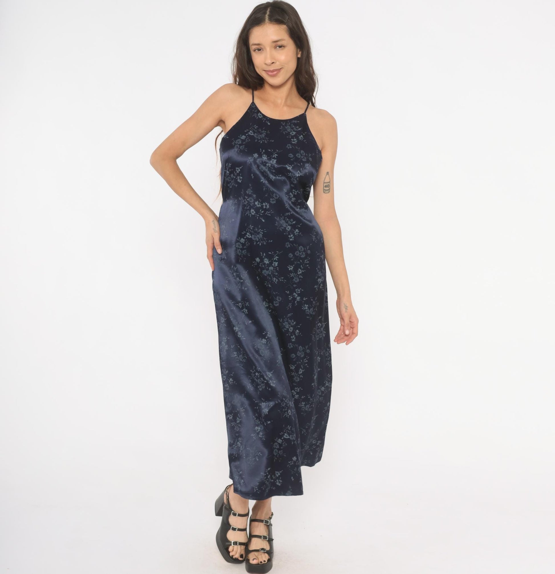 90s Navy Satin Halter Maxi Dress Floral Print Tie Back Small S