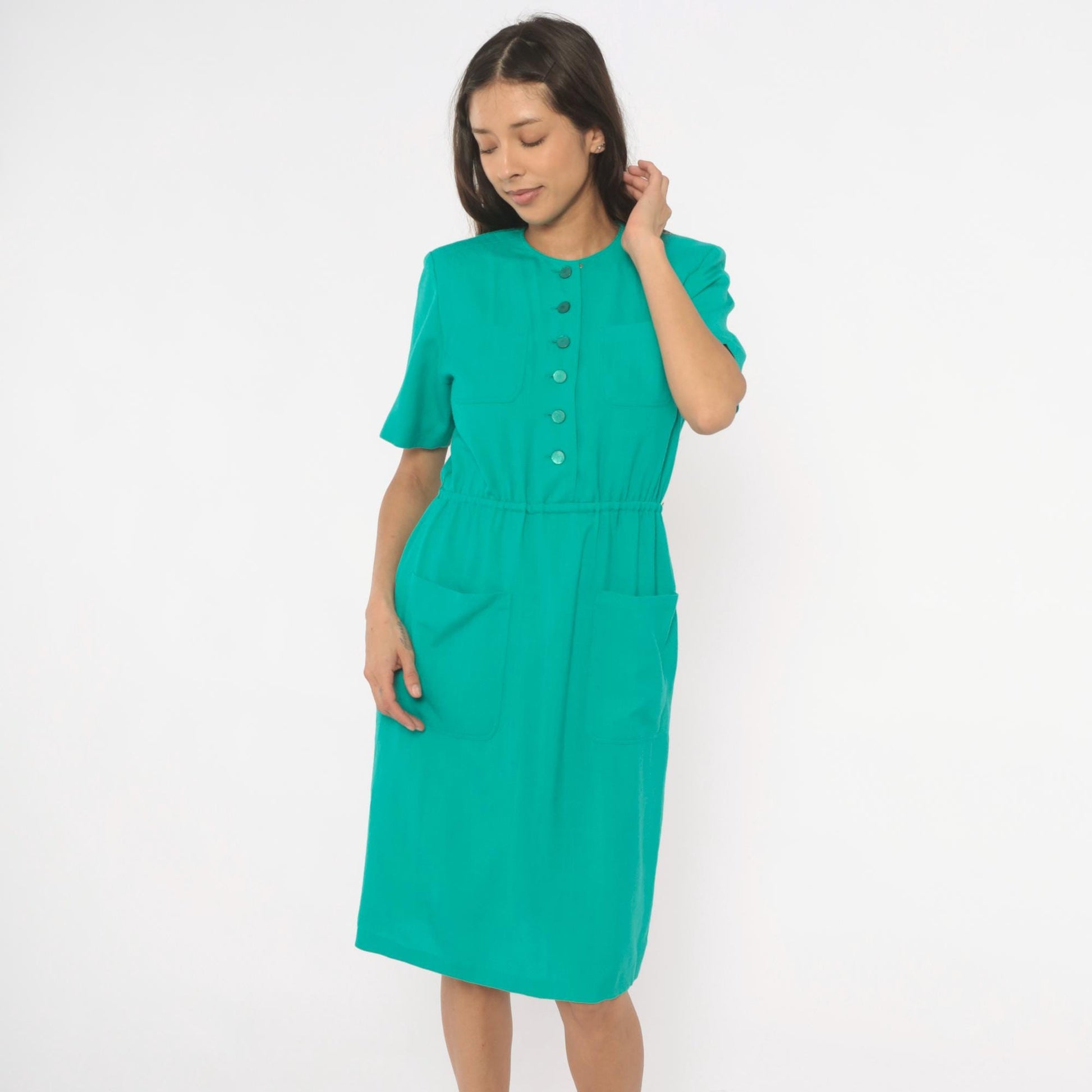 80s Teal Shirtdress Knee-Length Button Front Elastic Waist Small
