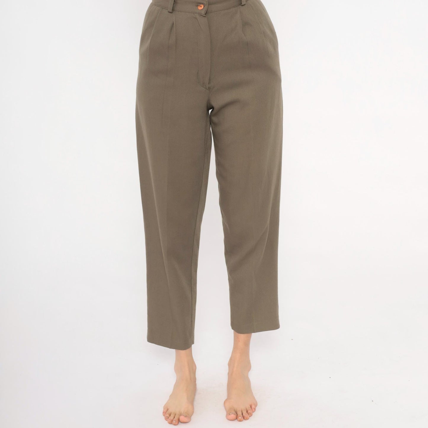 80s Olive Pleated High-Waist Trousers Tapered Ankle Cropped Slacks Extra Small XS