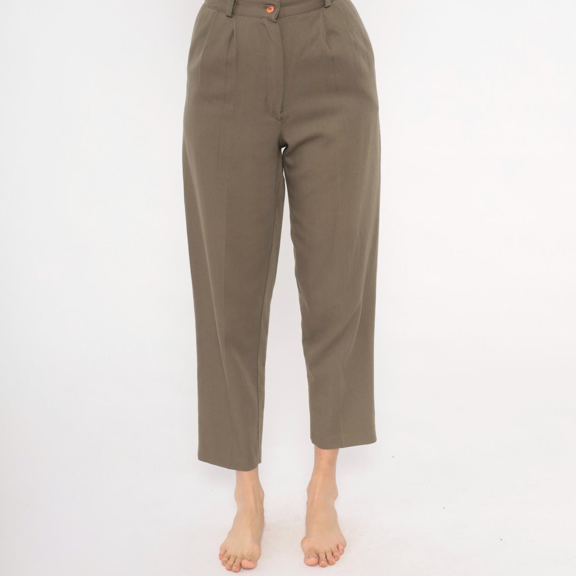 80s Olive Pleated High-Waist Trousers Tapered Ankle Cropped Slacks Extra Small XS