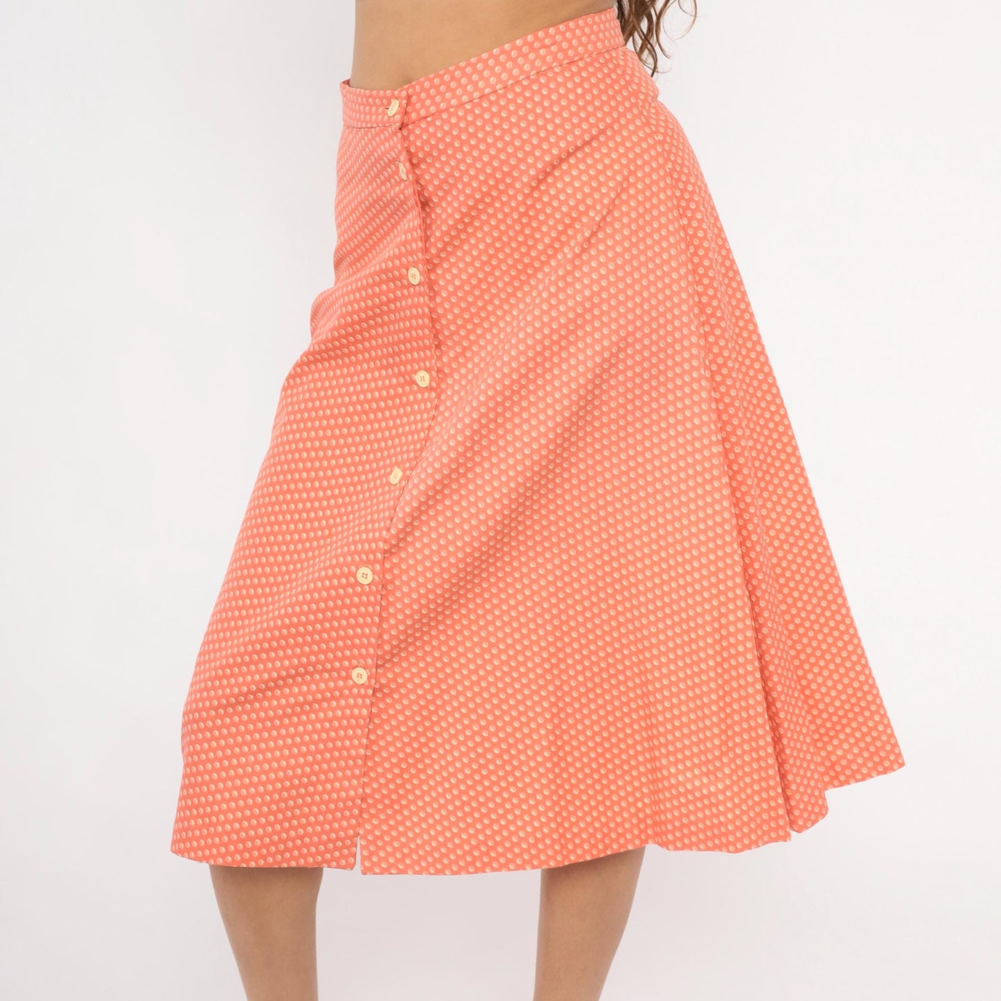 80s Coral Polka Dot A-Line Skirt Button Front High Waist Knee Length Small S