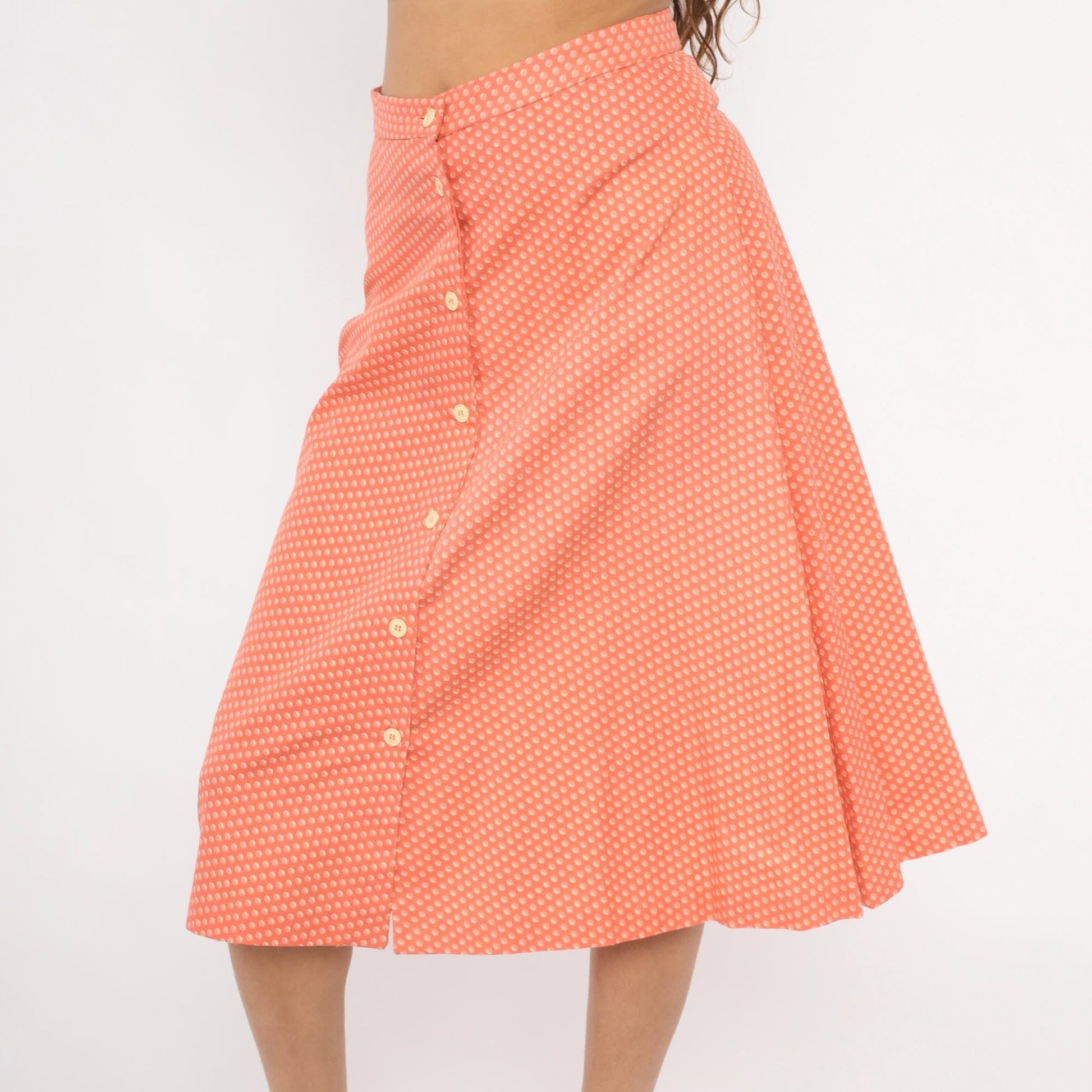 80s Coral Polka Dot A-Line Skirt Button Front High Waist Knee Length Small S