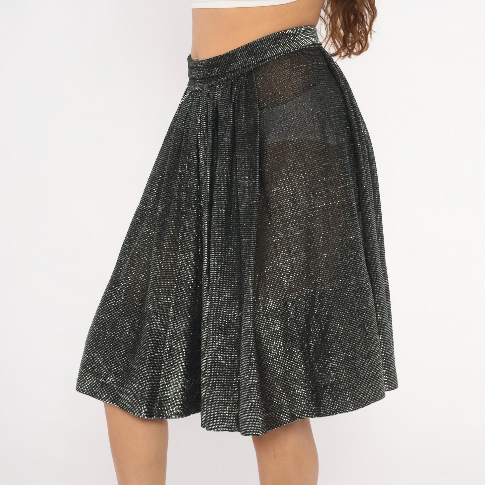 90s Black Silver Metallic Gathered Skirt Knee-Length Shimmer Small S