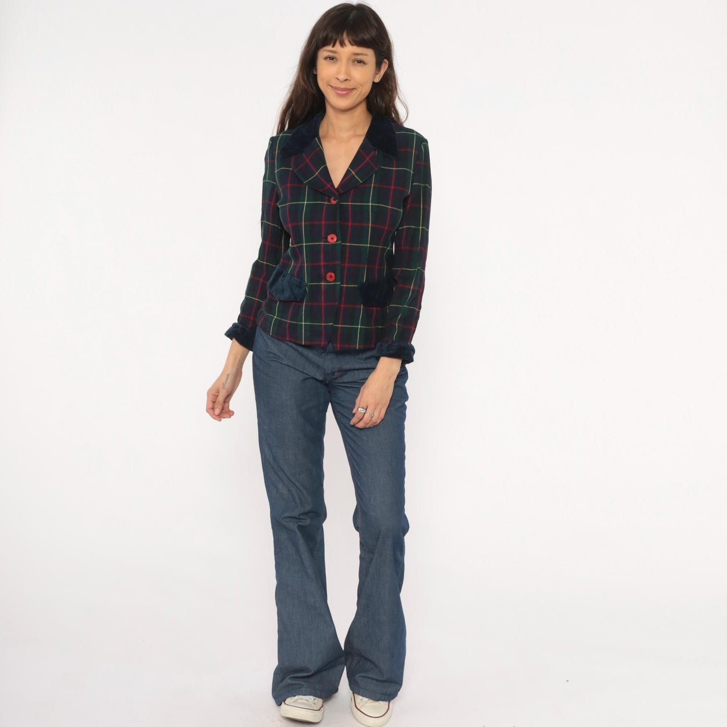 90s Dani Max Tartan Plaid Blazer Velvet Collar Navy Green Red Small S