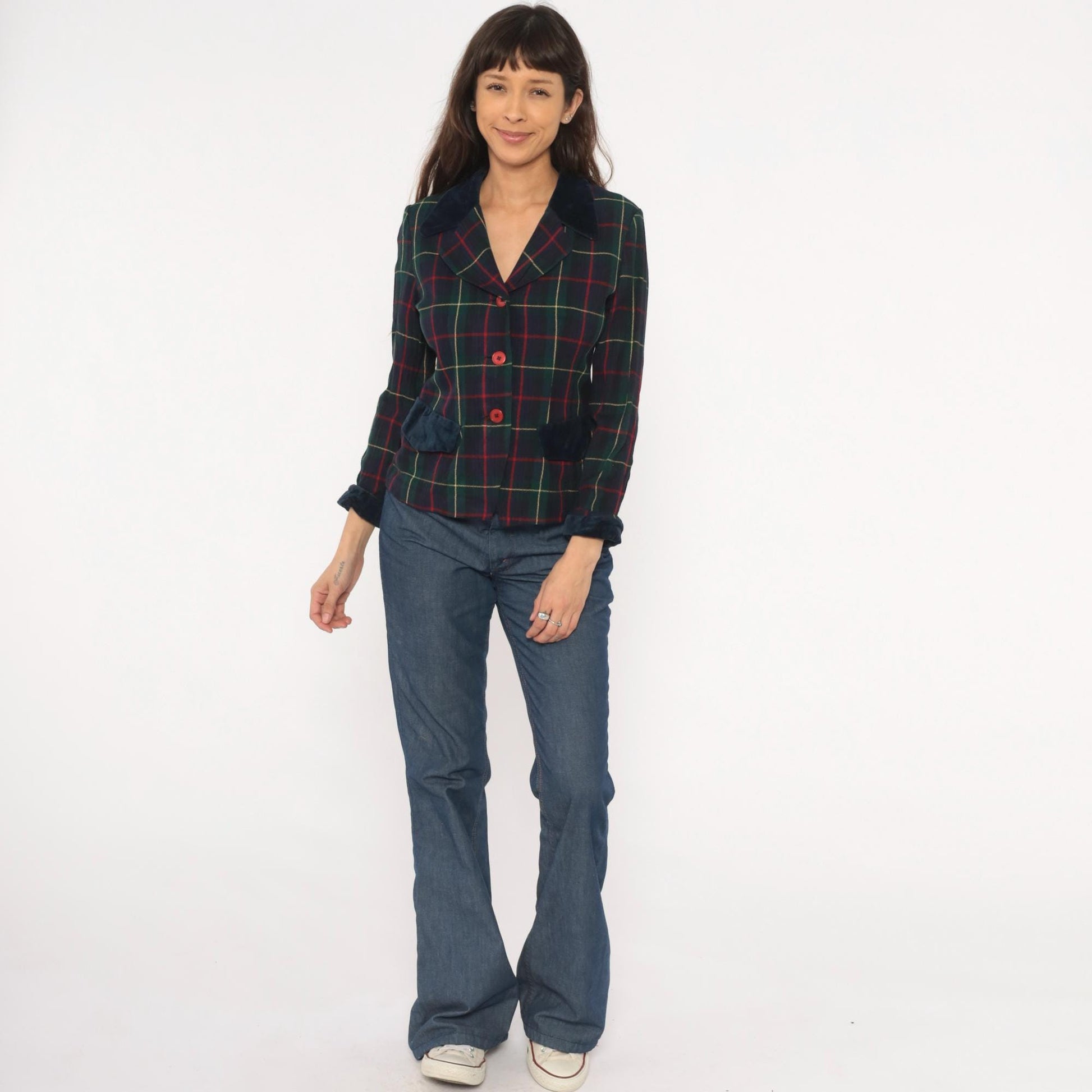 90s Dani Max Tartan Plaid Blazer Velvet Collar Navy Green Red Small S