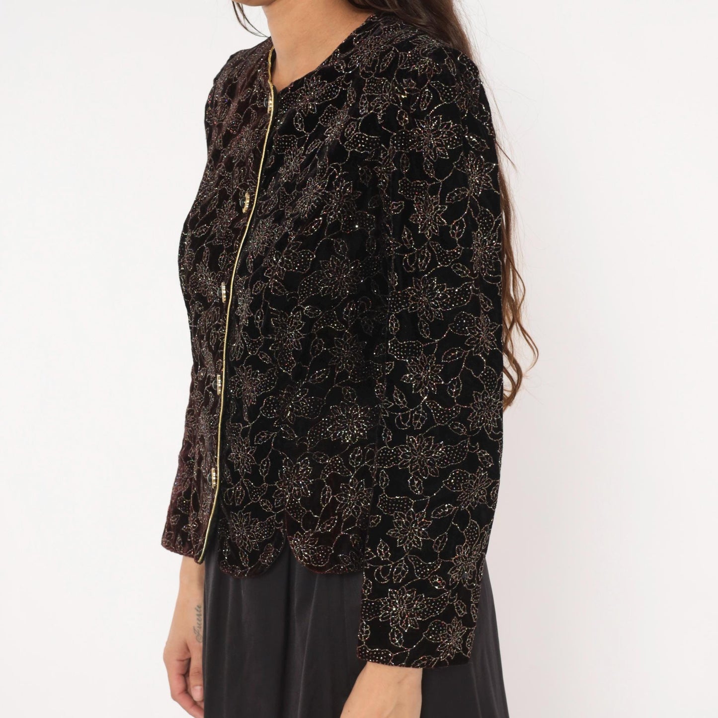 90s R & K Evening Black Velvet Jacket Gold Glitter Floral Scalloped Blazer Small S
