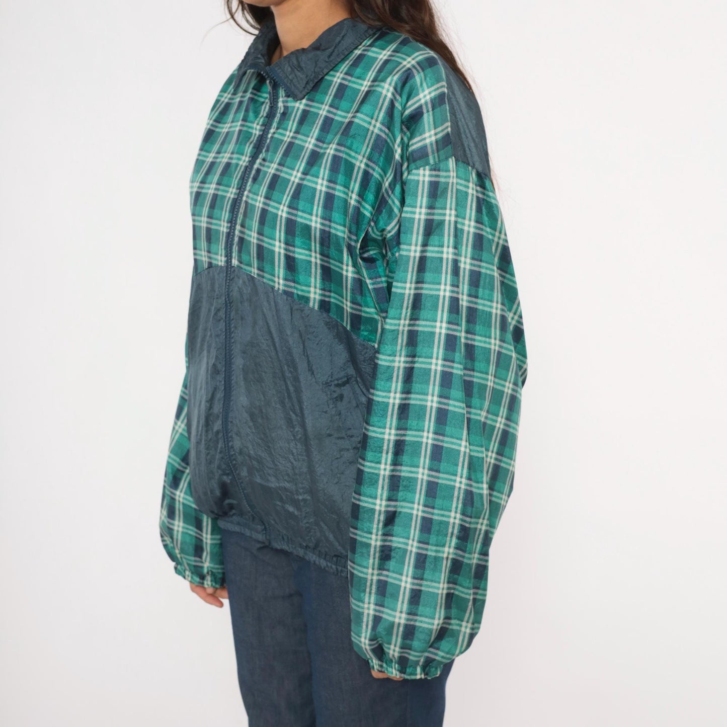 90s Honors Green Plaid Windbreaker Jacket Navy Colorblock Nylon Extra Large XL