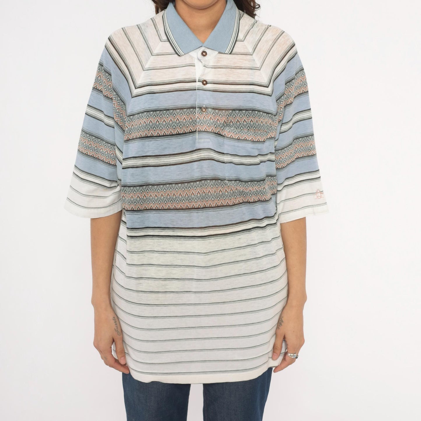 80s Grand Slam Southwestern Polo Striped Knit Diamond Jacquard Sky Blue Large L