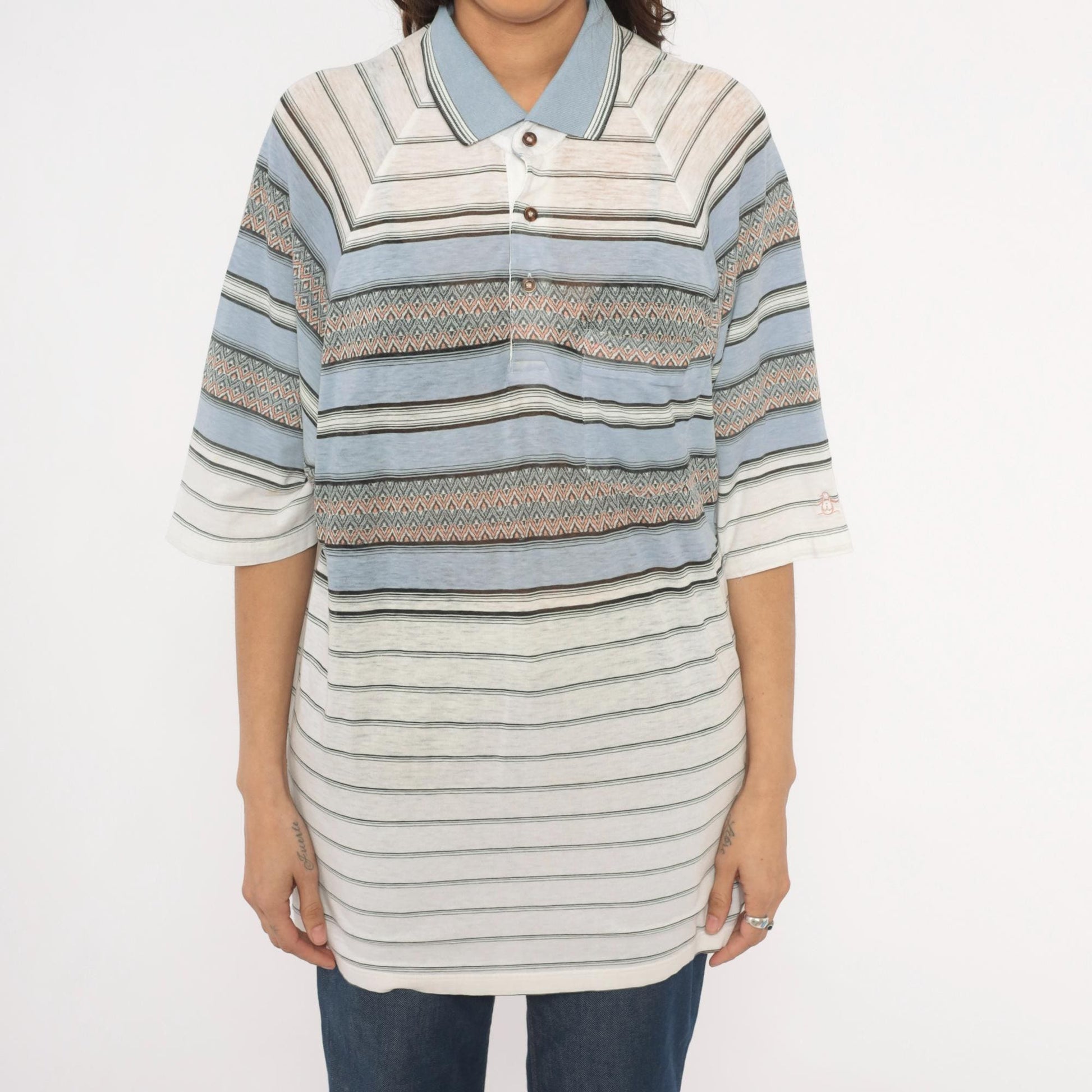 80s Grand Slam Southwestern Polo Striped Knit Diamond Jacquard Sky Blue Large L