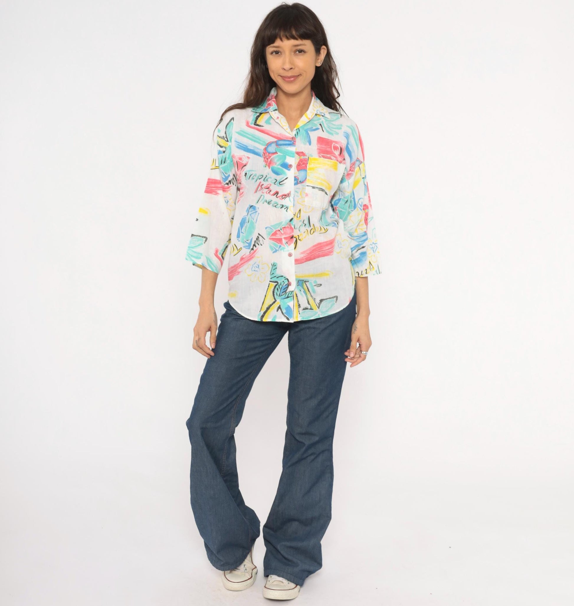 80s Touche LA Tropical Toucan Shirt White Pink Teal Bird Print Large L
