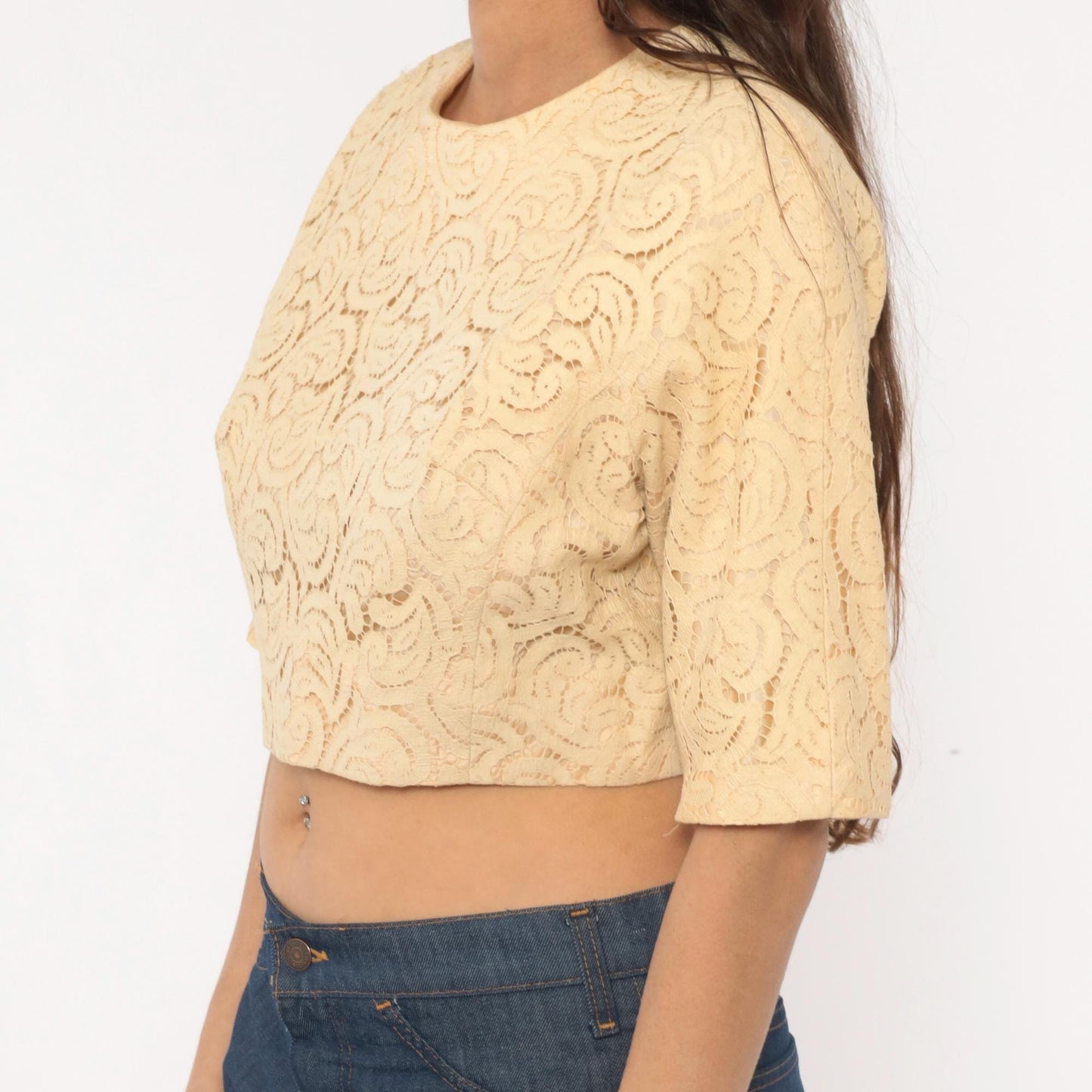 70s Carol Craig Cream Lace Crop Top Swirl Pattern Half Sleeve Medium M