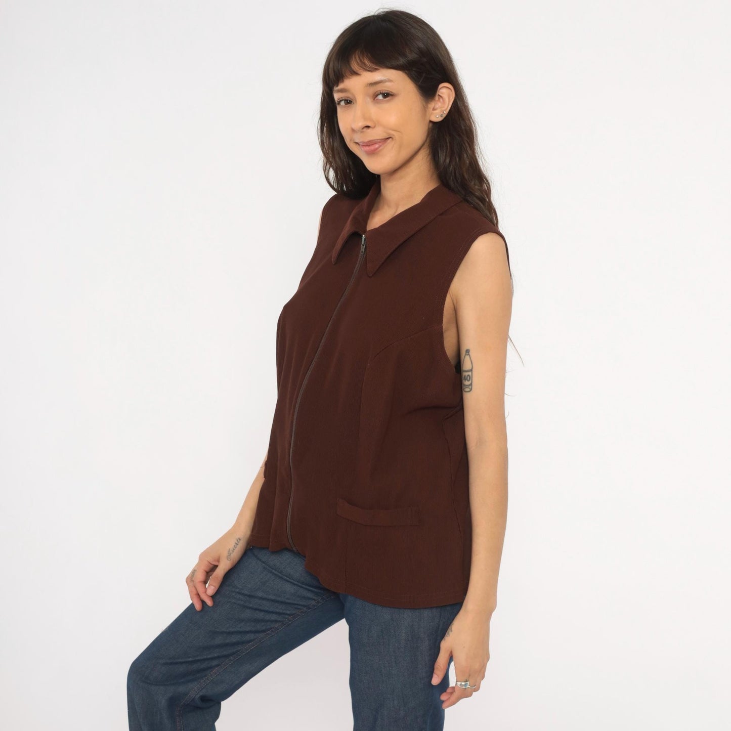 90s New Woman Brown Ribbed Knit Vest Pointed Collar Zip-Front Extra Large XL