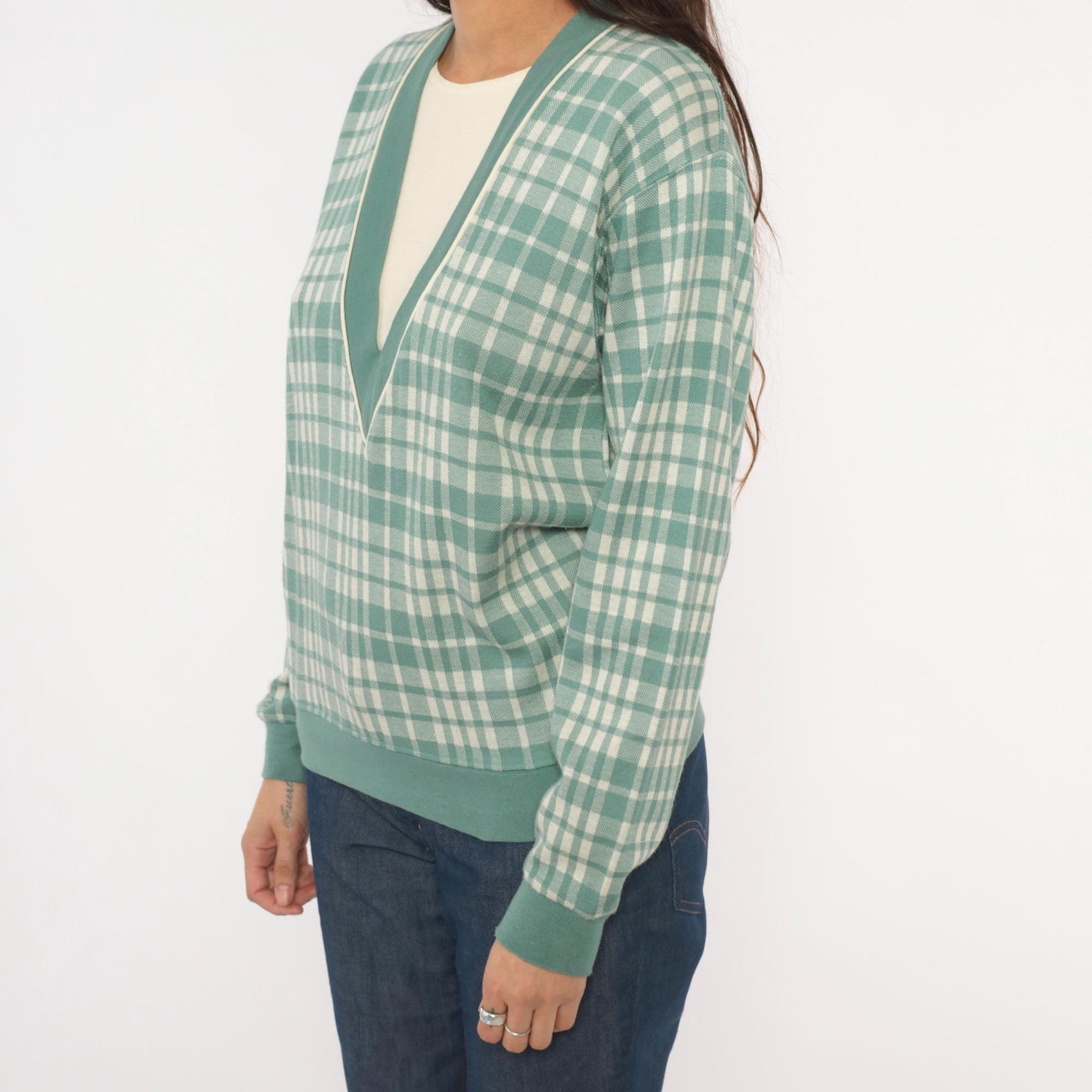 80s Cathy Daniels Green Plaid V-Neck Pullover Sage Ribbed Trim Small