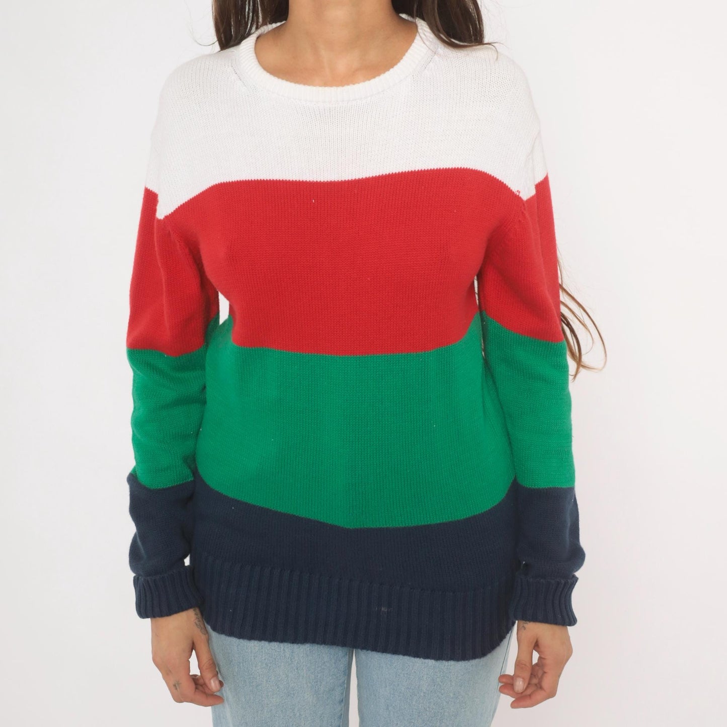 90s Boston Traders Color Block Knit Sweater Navy Green Red White Medium M