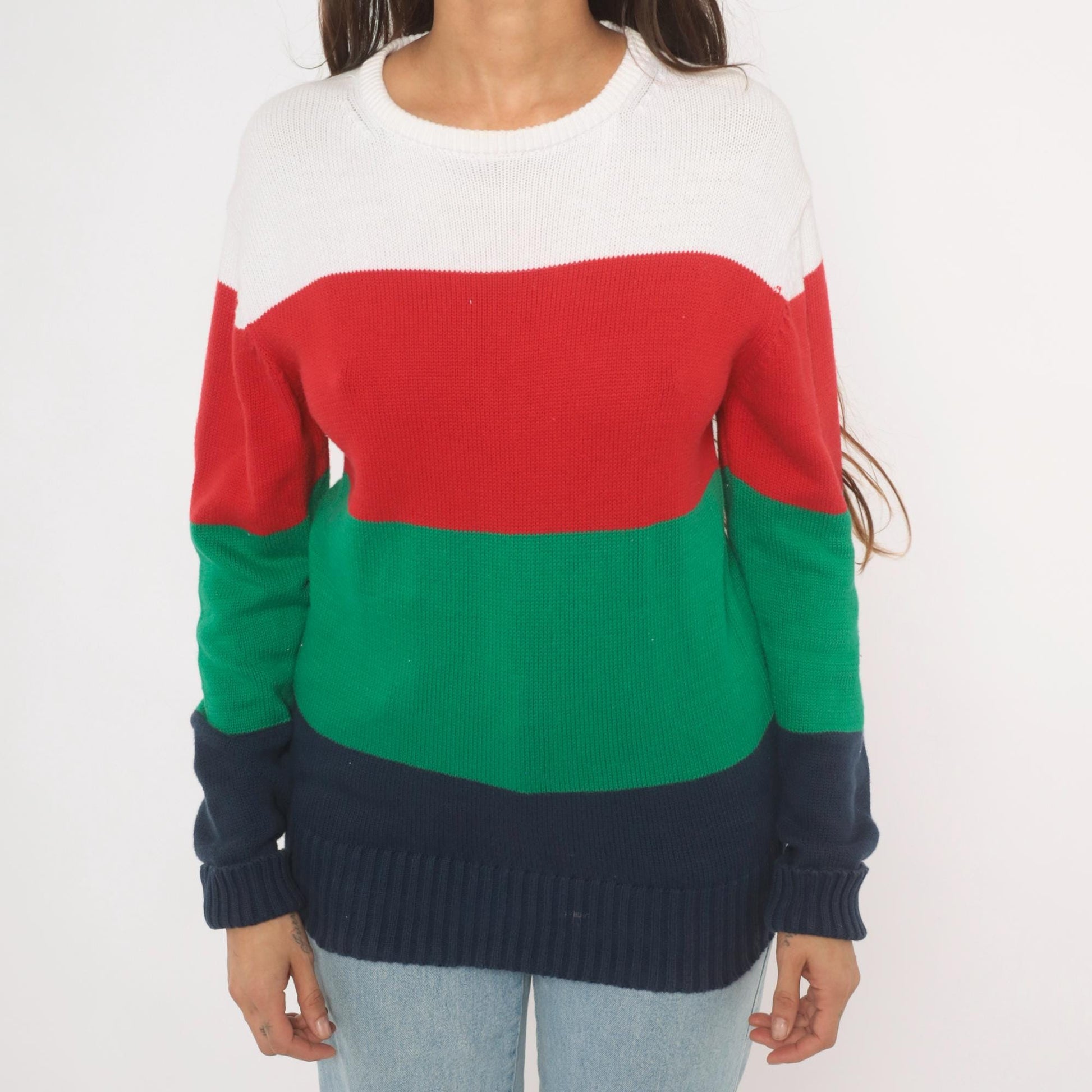 90s Boston Traders Color Block Knit Sweater Navy Green Red White Medium M