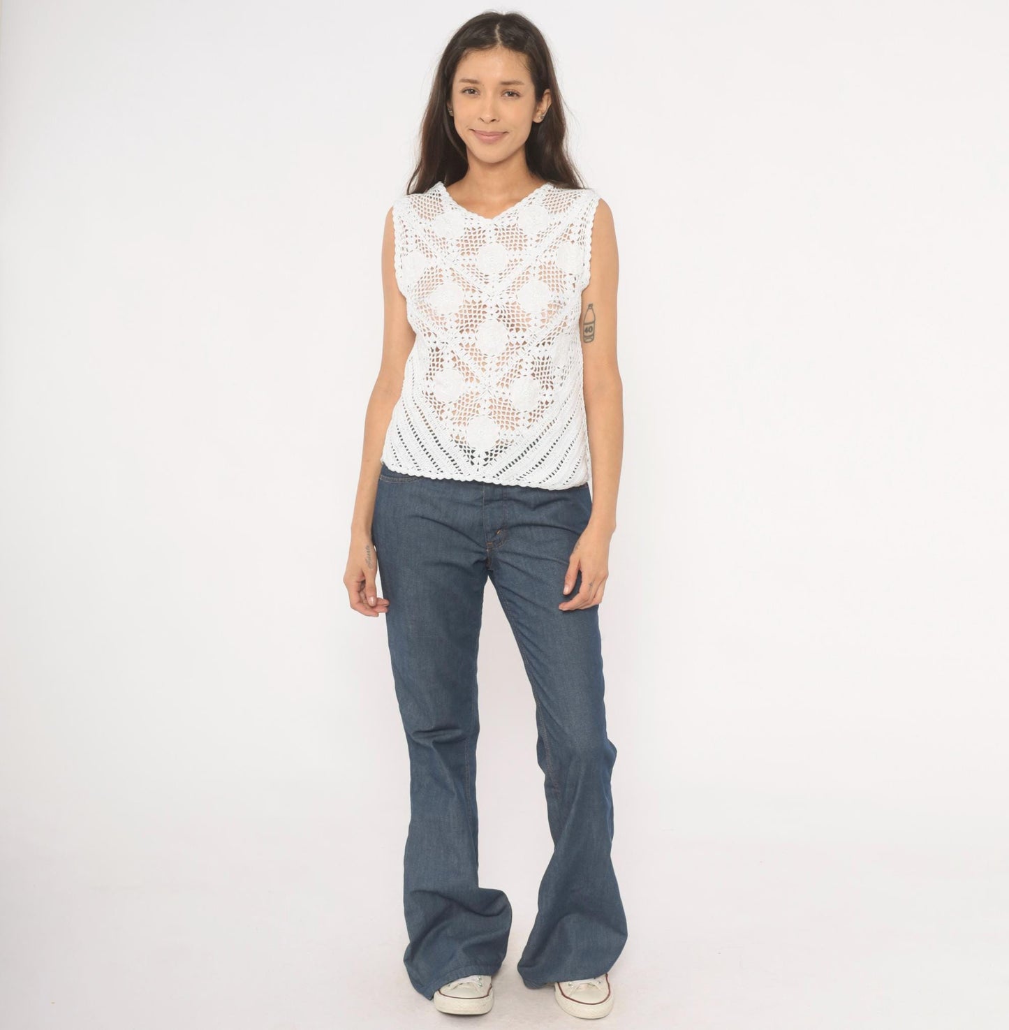 90s White Crochet Lace Tank Top Floral Medallion V-Neck Cotton Small