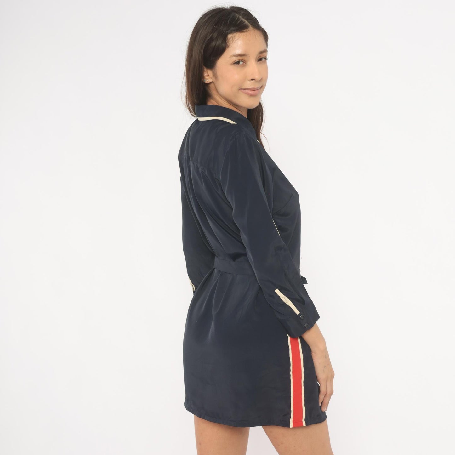 Tommy Hilfiger Navy Mini Dress 2000s Striped Collared Shirt Dress Medium M